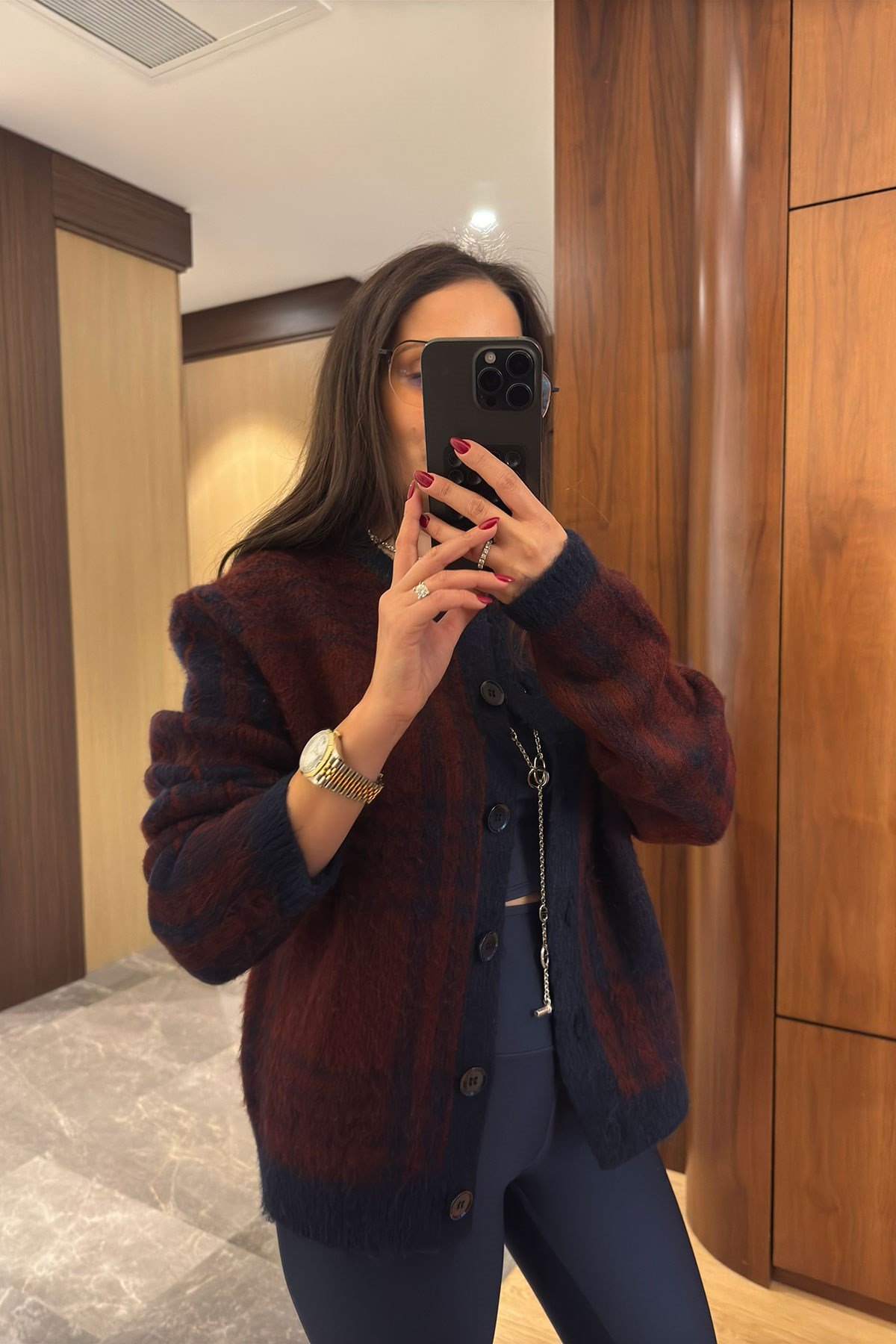 Kare Desenli Tüylü Premium Hırka- BORDO