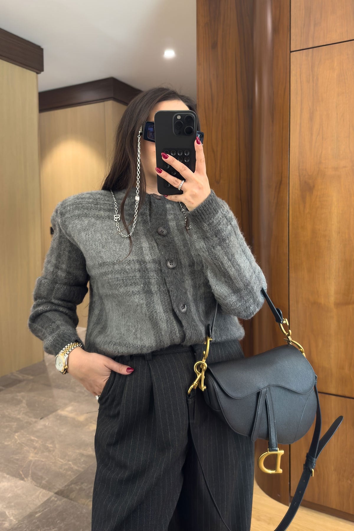 Kare Desenli Tüylü Premium Hırka- GRİ