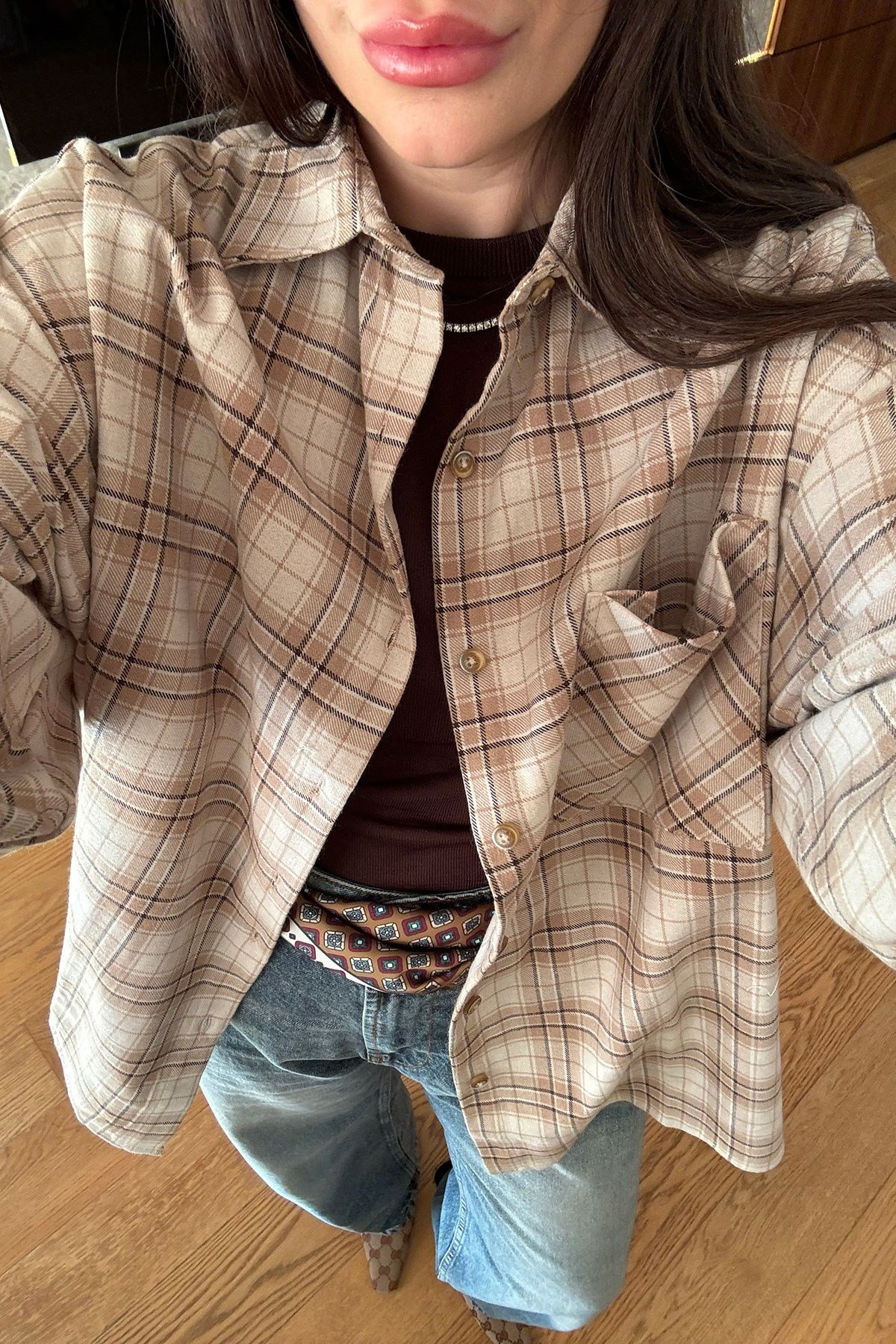 Kareli Ekose Desen Yeni Sezon Oversize Gömlek- BEJ