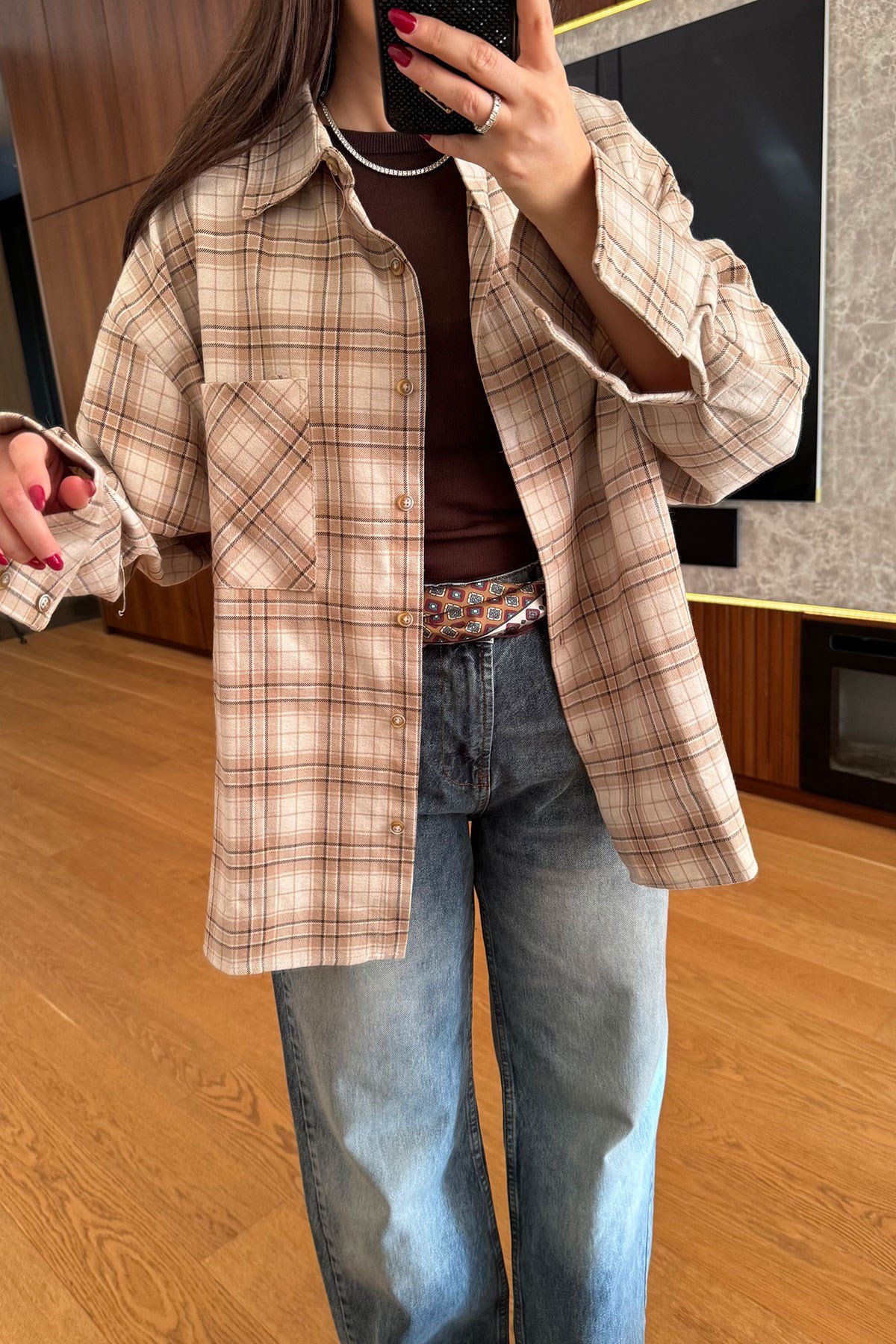 Kareli Ekose Desen Yeni Sezon Oversize Gömlek- BEJ