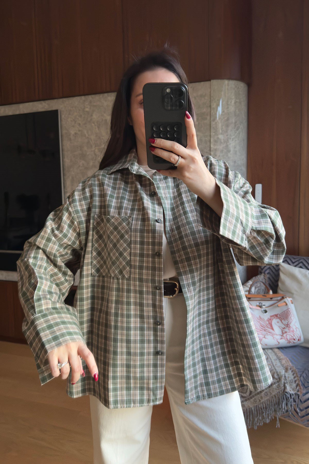 Kareli Ekose Desen Yeni Sezon Oversize Gömlek- YEŞİL