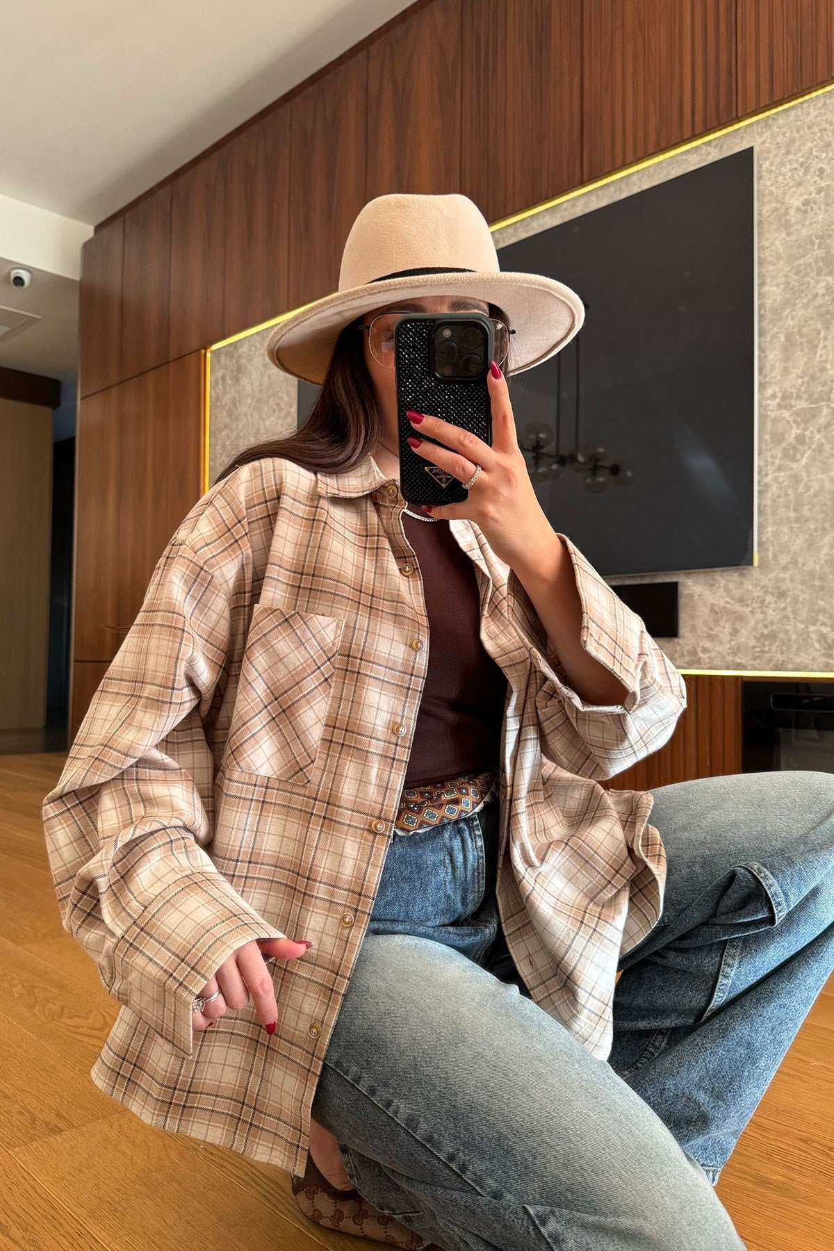 Kareli Ekose Desen Yeni Sezon Oversize Gömlek- BEJ