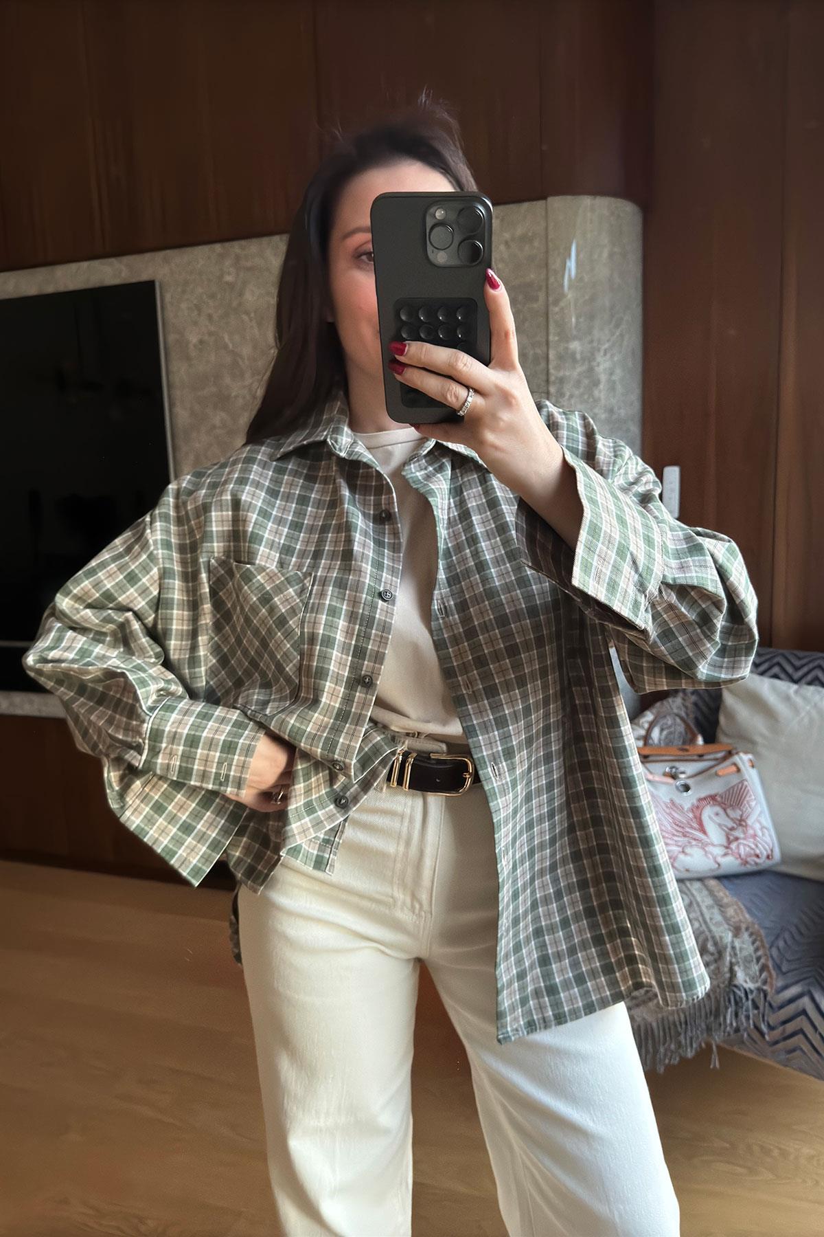 Kareli Ekose Desen Yeni Sezon Oversize Gömlek- YEŞİL