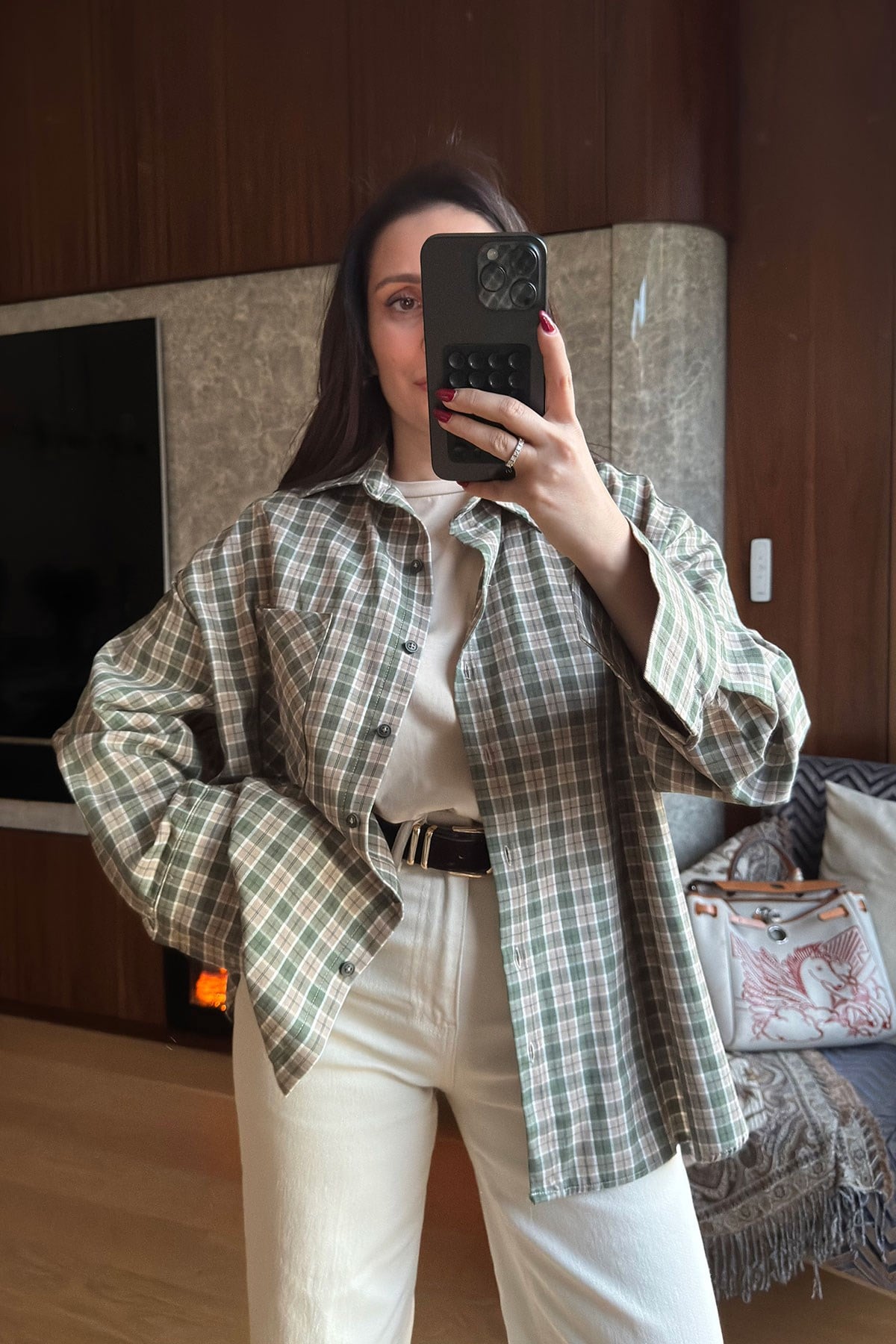 Kareli Ekose Desen Yeni Sezon Oversize Gömlek- YEŞİL