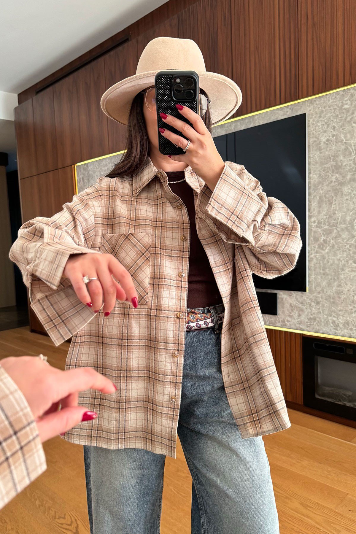 Kareli Ekose Desen Yeni Sezon Oversize Gömlek- BEJ