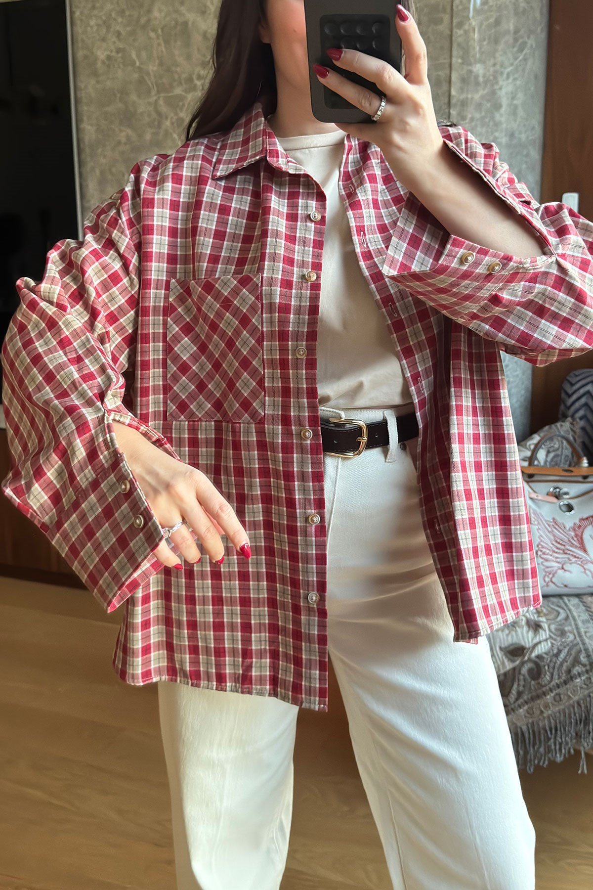Kareli Ekose Desen Yeni Sezon Oversize Gömlek- KIRMIZI