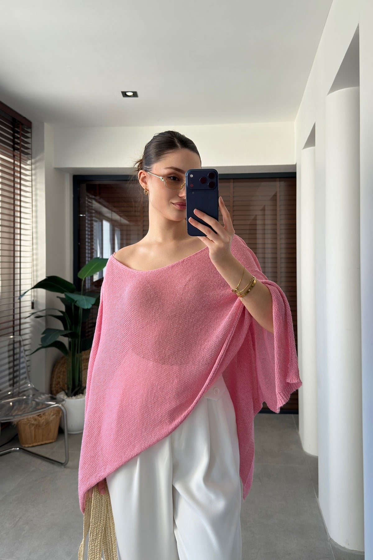 Kayık Yaka Yarasa Kol Merserize Bluz- PEMBE