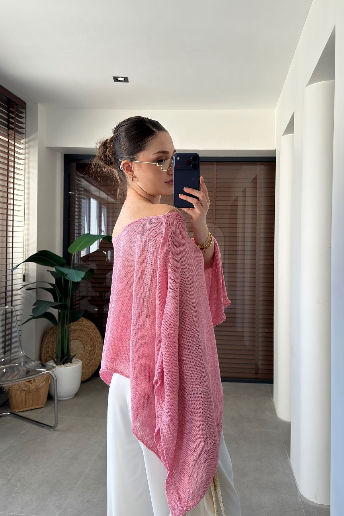 Kayık Yaka Yarasa Kol Merserize Bluz- PEMBE
