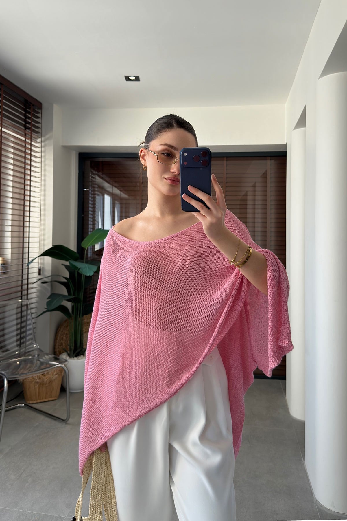 Kayık Yaka Yarasa Kol Merserize Bluz- PEMBE
