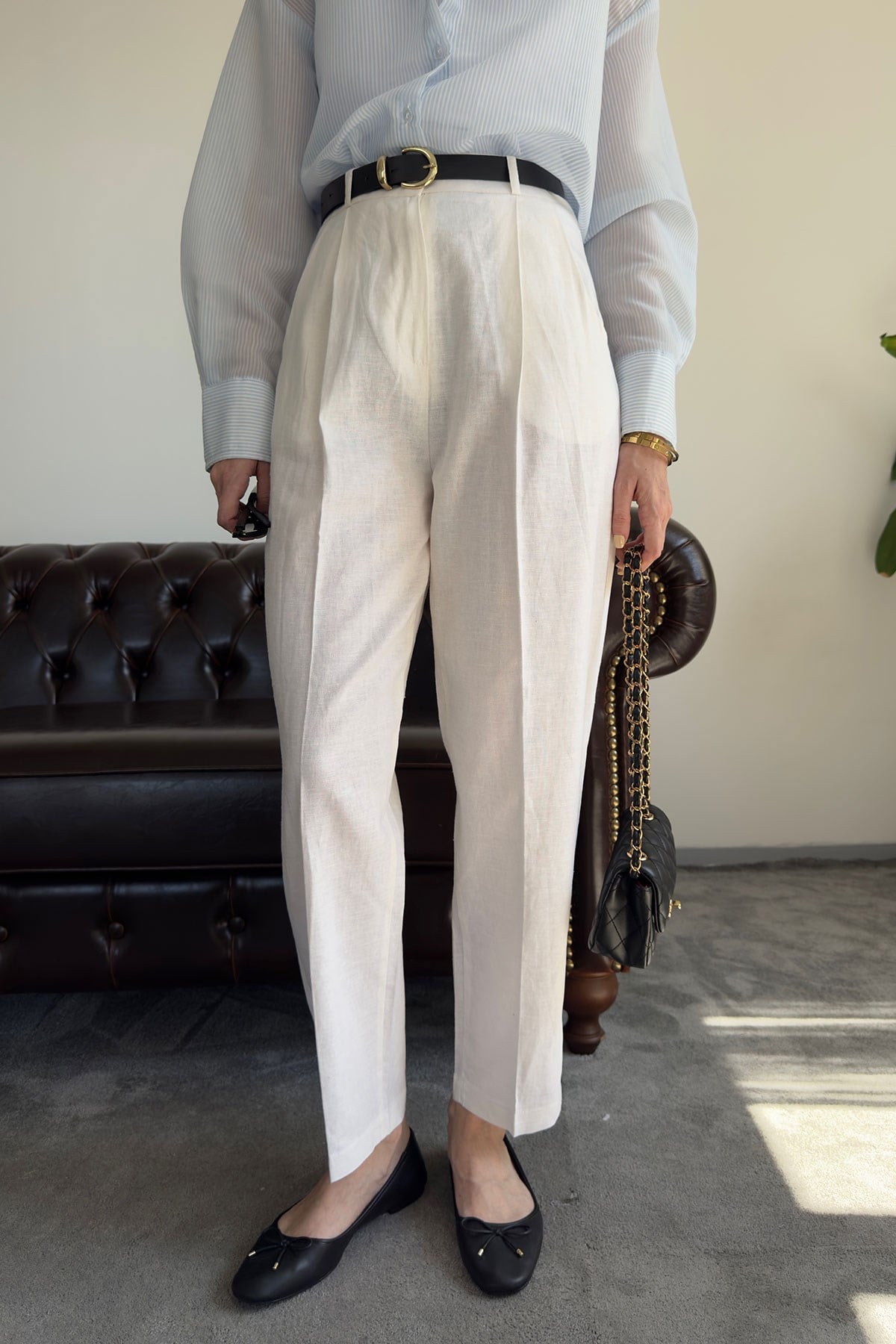 Kemerli Keten Premium Pantolon- EKRU