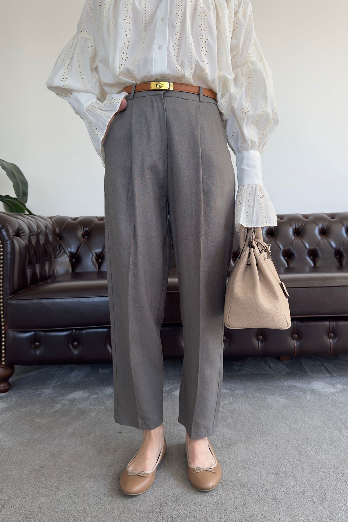 Kemerli Keten Premium Pantolon- FÜME