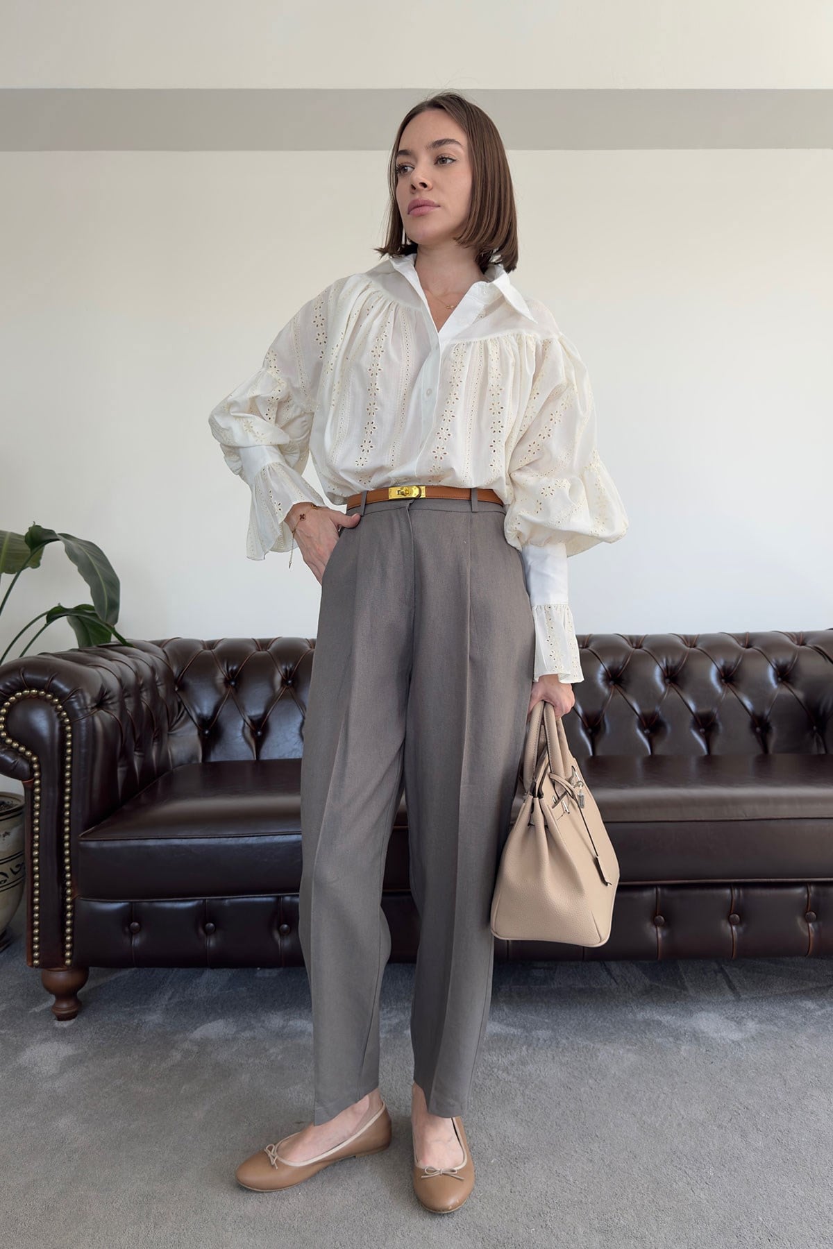 Kemerli Keten Premium Pantolon- FÜME