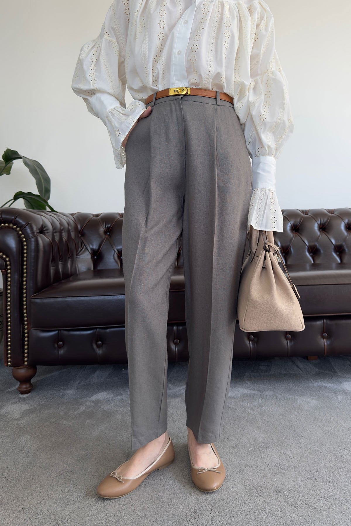 Kemerli Keten Premium Pantolon- FÜME