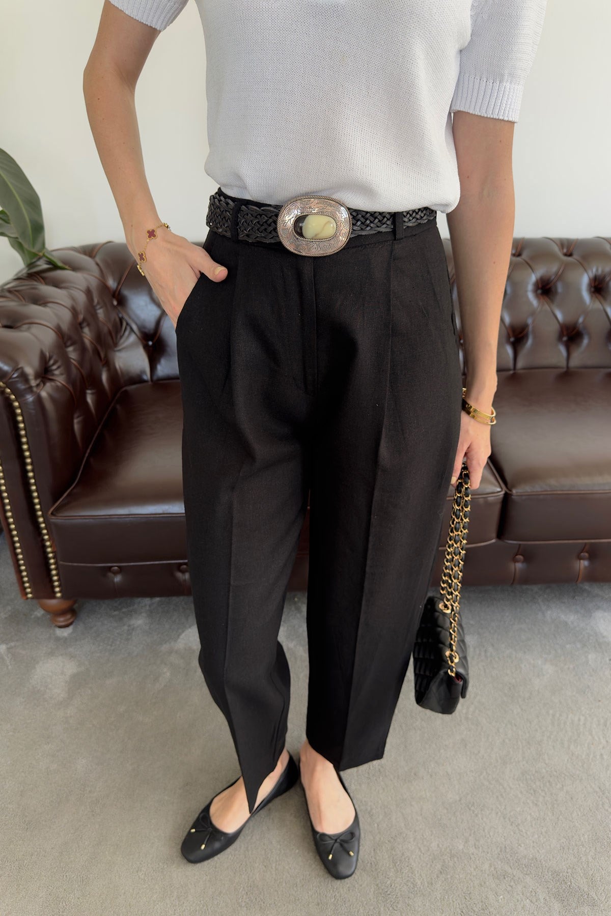 Kemerli Keten Premium Pantolon- SİYAH