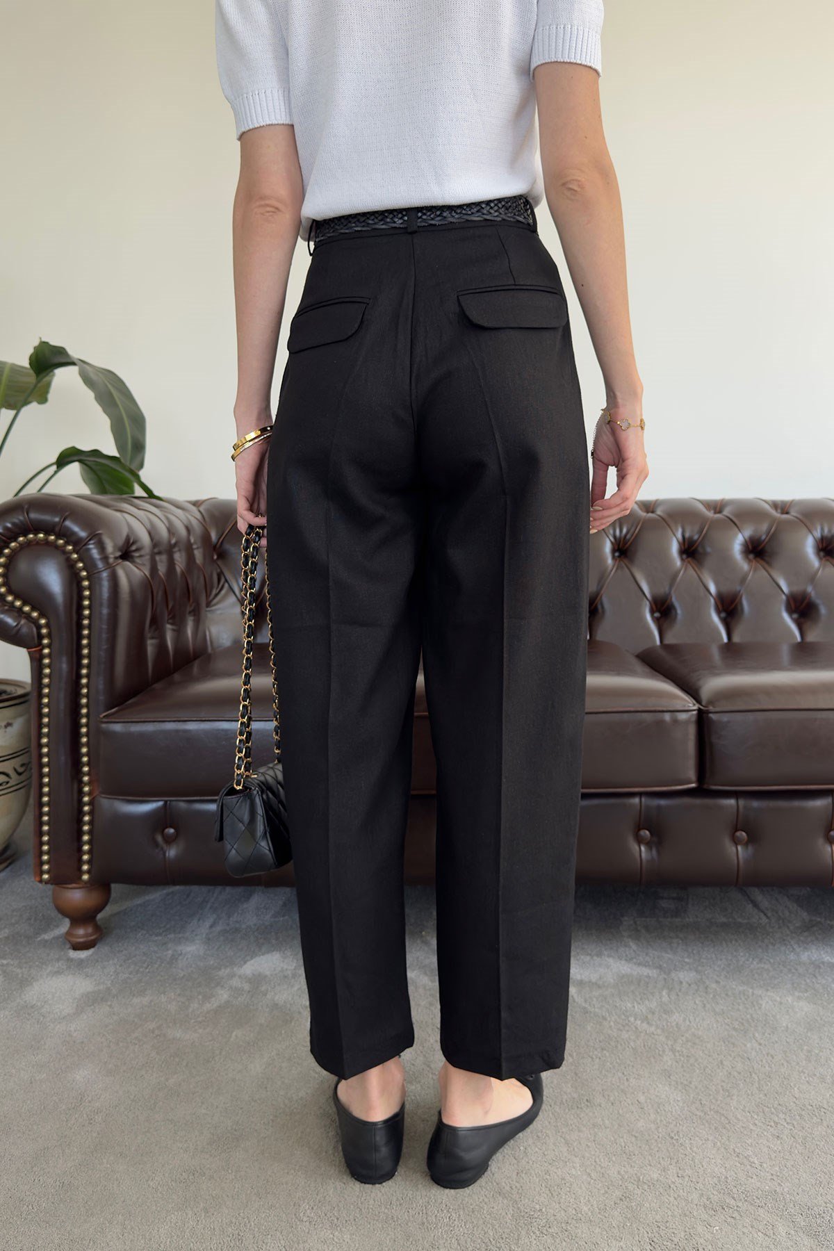 Kemerli Keten Premium Pantolon- SİYAH