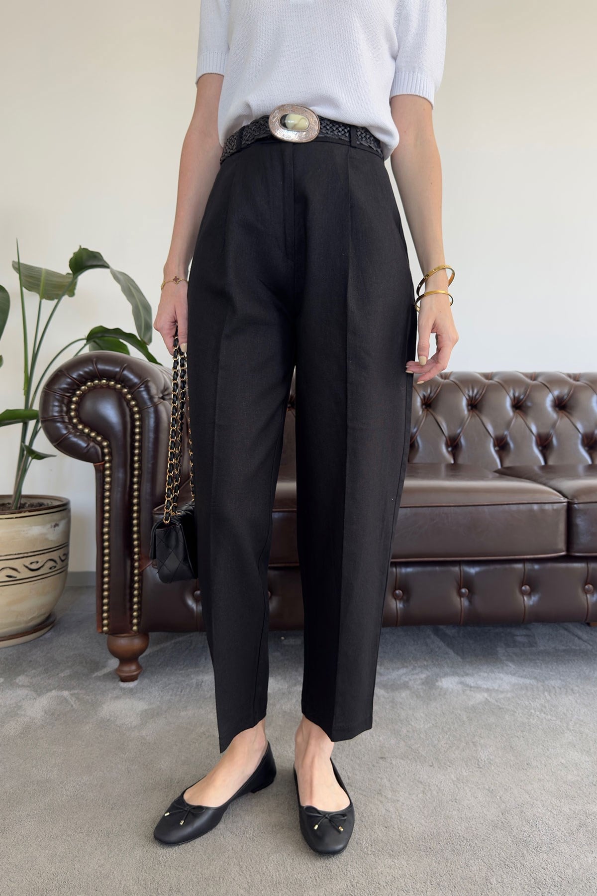Kemerli Keten Premium Pantolon- SİYAH