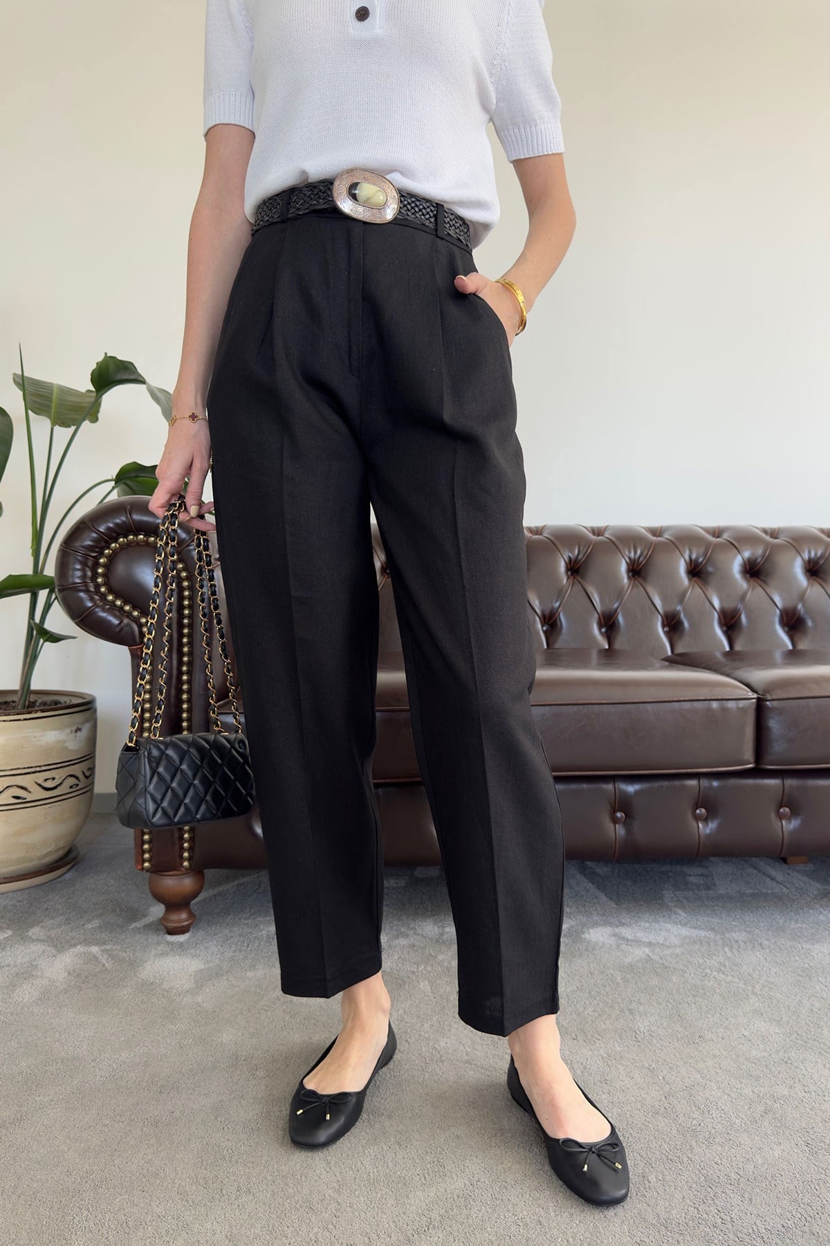 Kemerli Keten Premium Pantolon- SİYAH