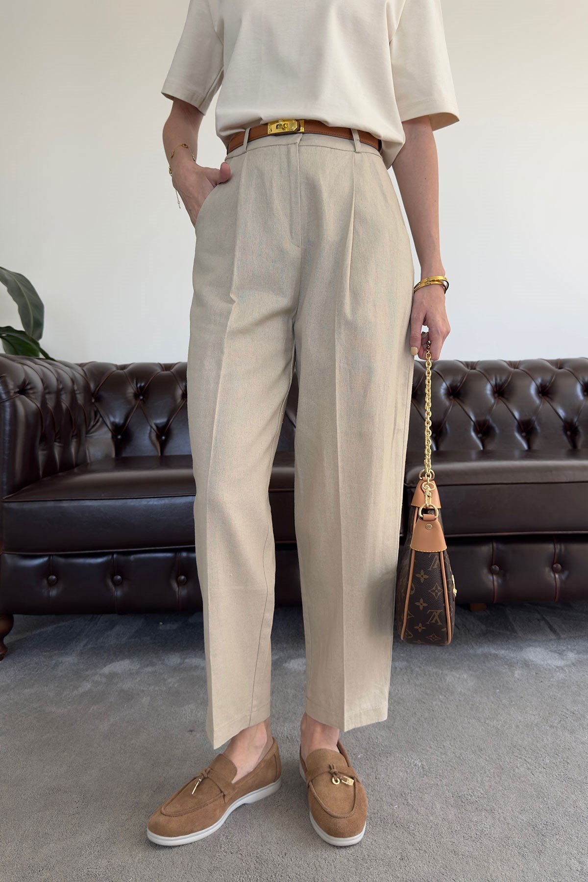 Kemerli Keten Premium Pantolon- TAŞ