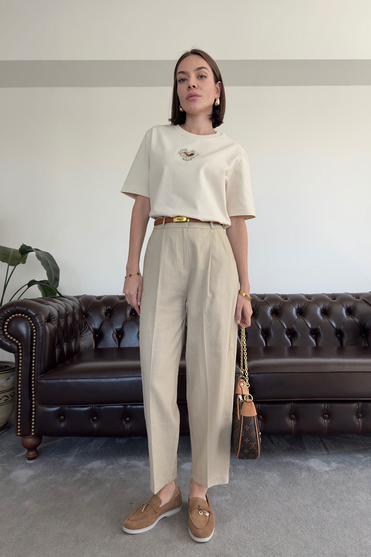 Kemerli Keten Premium Pantolon- TAŞ