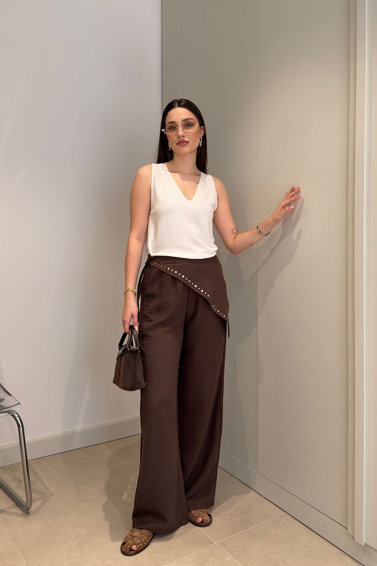 Keten Beli Lastikli Fularlı Pantolon- KAHVERENGİ