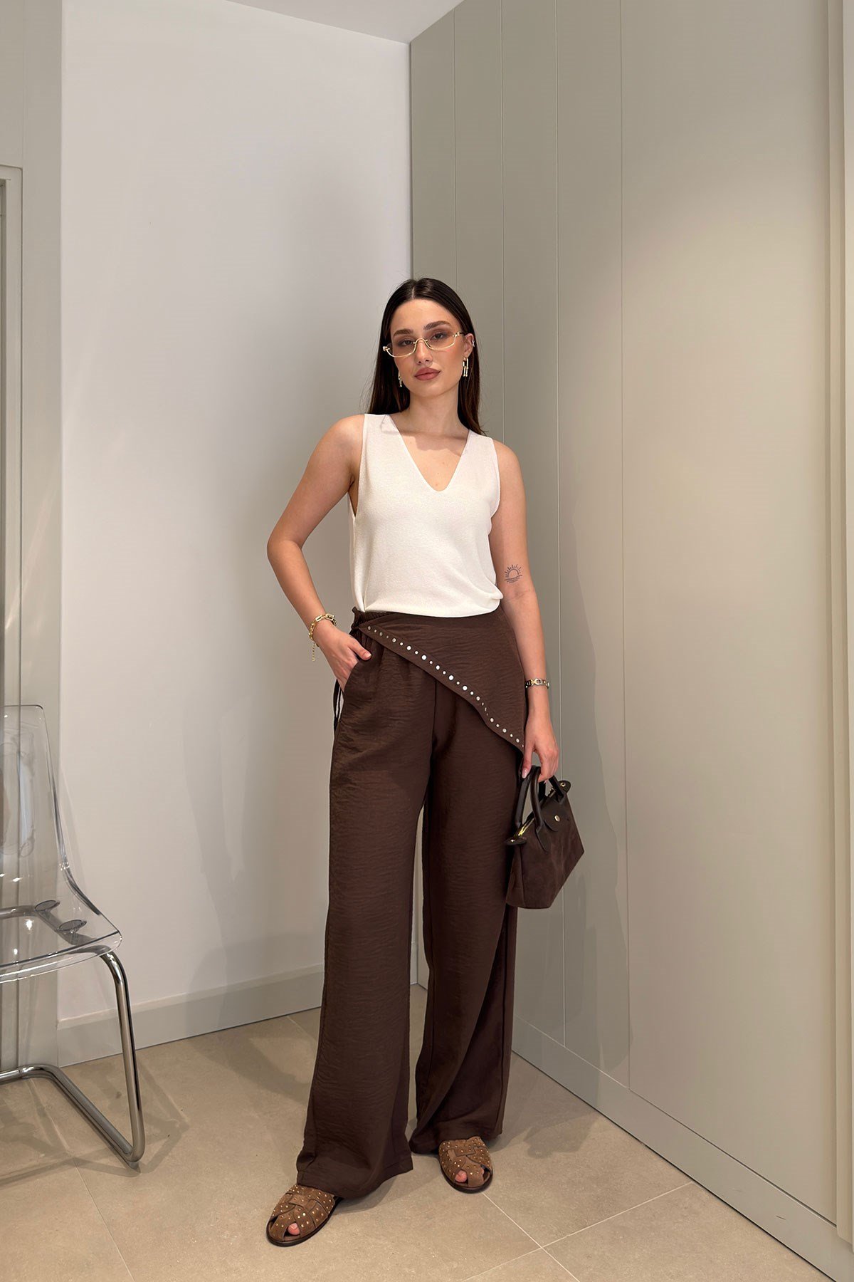 Keten Beli Lastikli Fularlı Pantolon- KAHVERENGİ