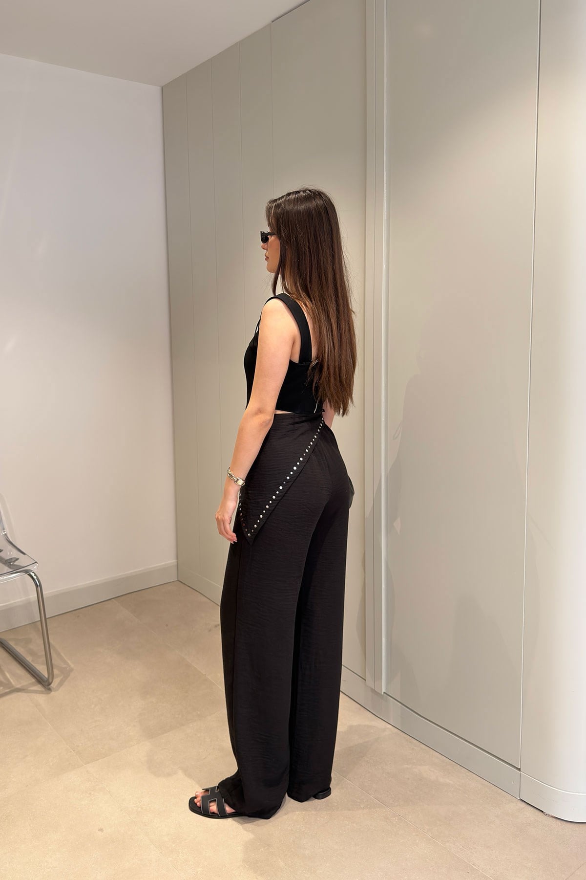 Keten Beli Lastikli Fularlı Pantolon- SİYAH