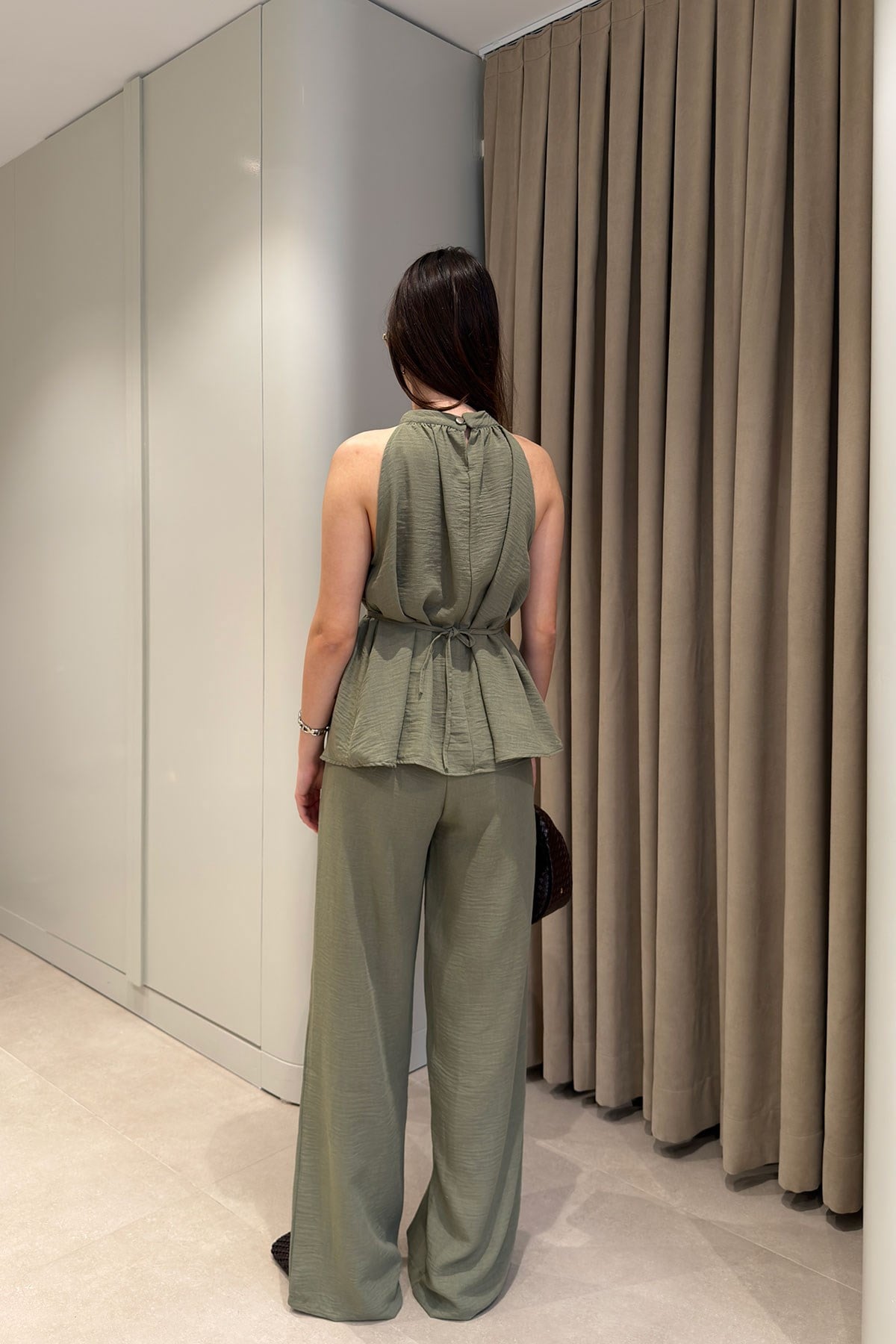 Keten Halter Yakalı Bluz Takım- HAKİ