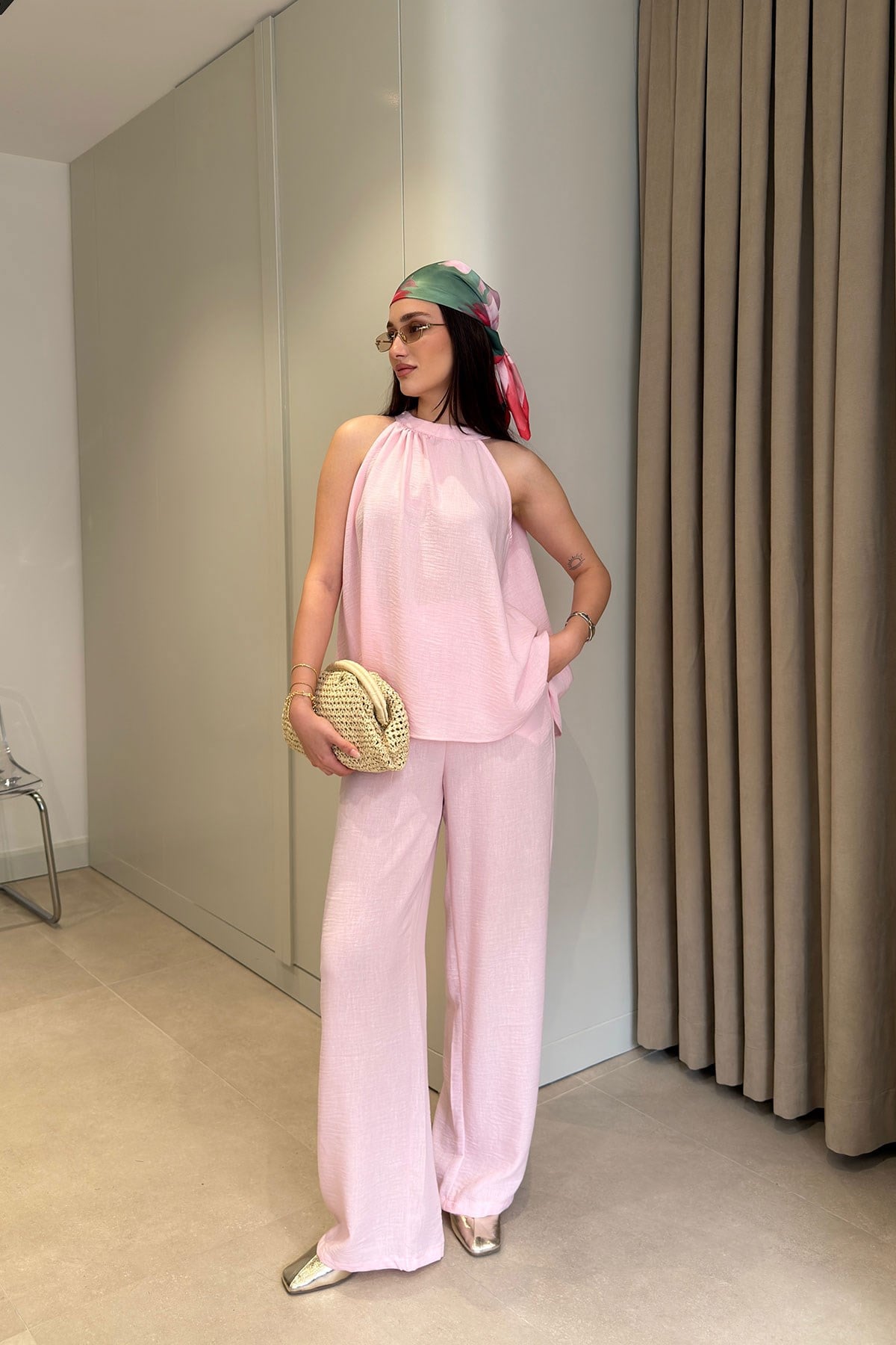 Keten Halter Yakalı Bluz Takım- PEMBE