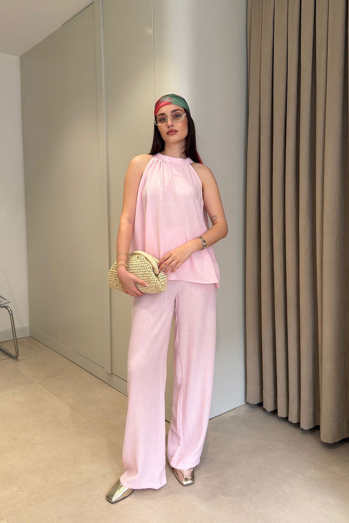 Keten Halter Yakalı Bluz Takım- PEMBE