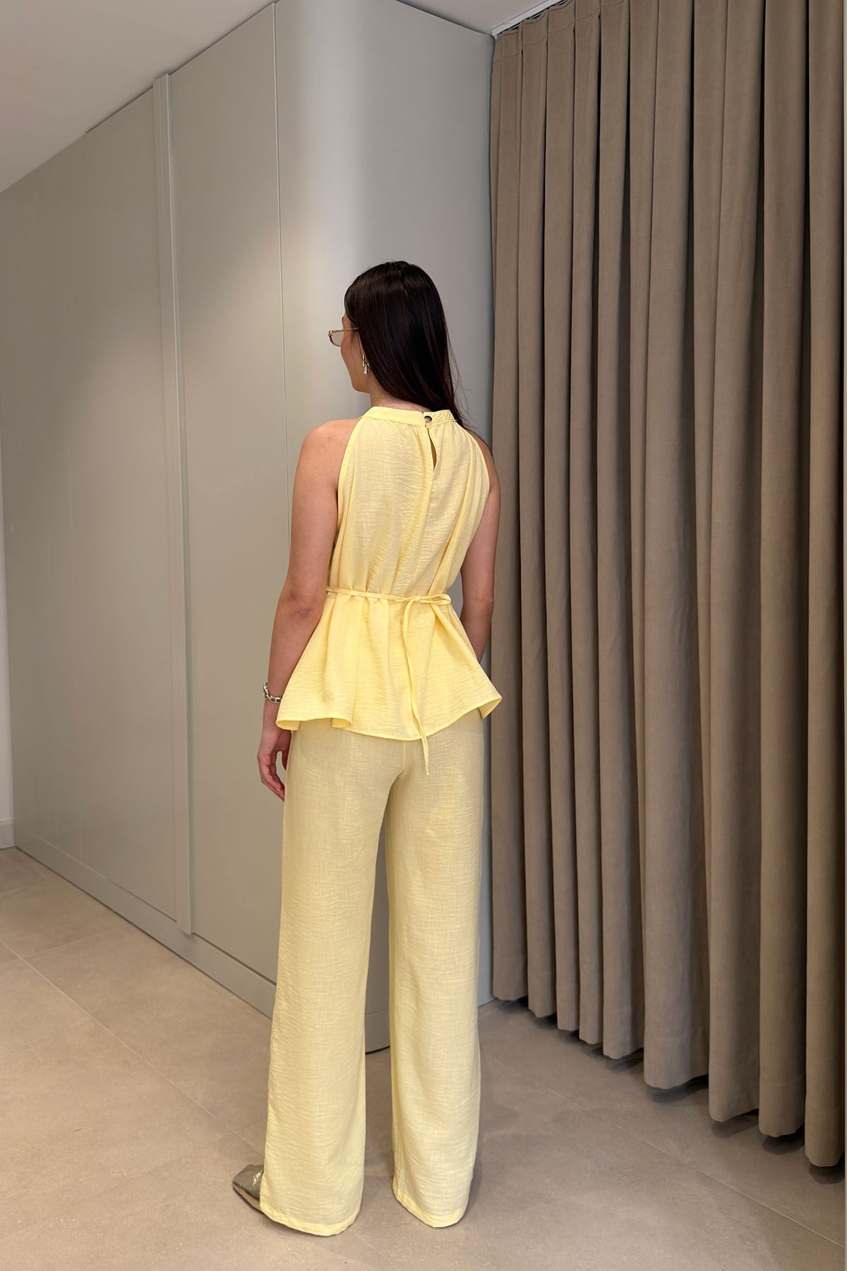 Keten Halter Yakalı Bluz Takım- SARI