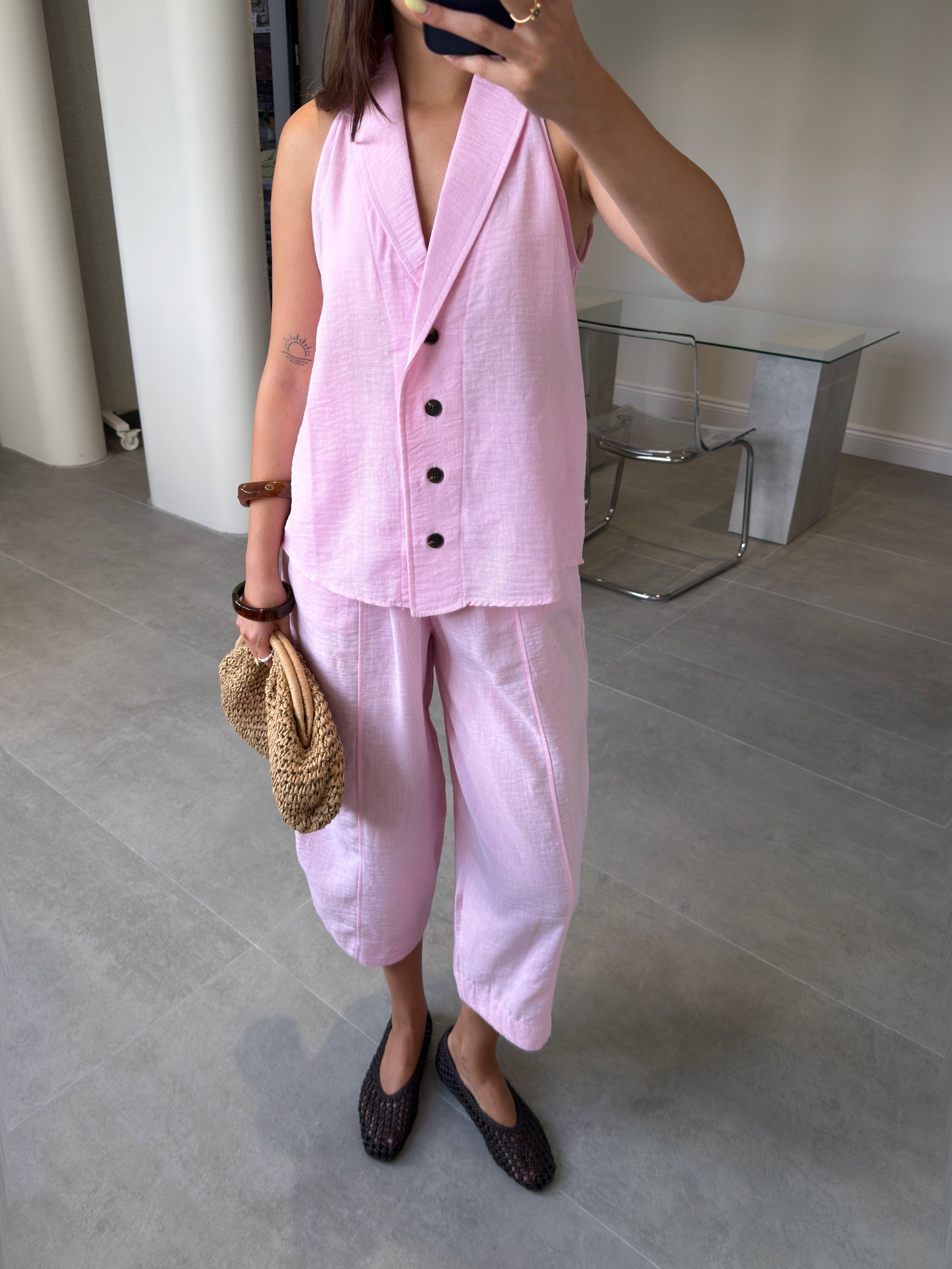 Keten Yelekli Pantolon Premium Takım- PEMBE