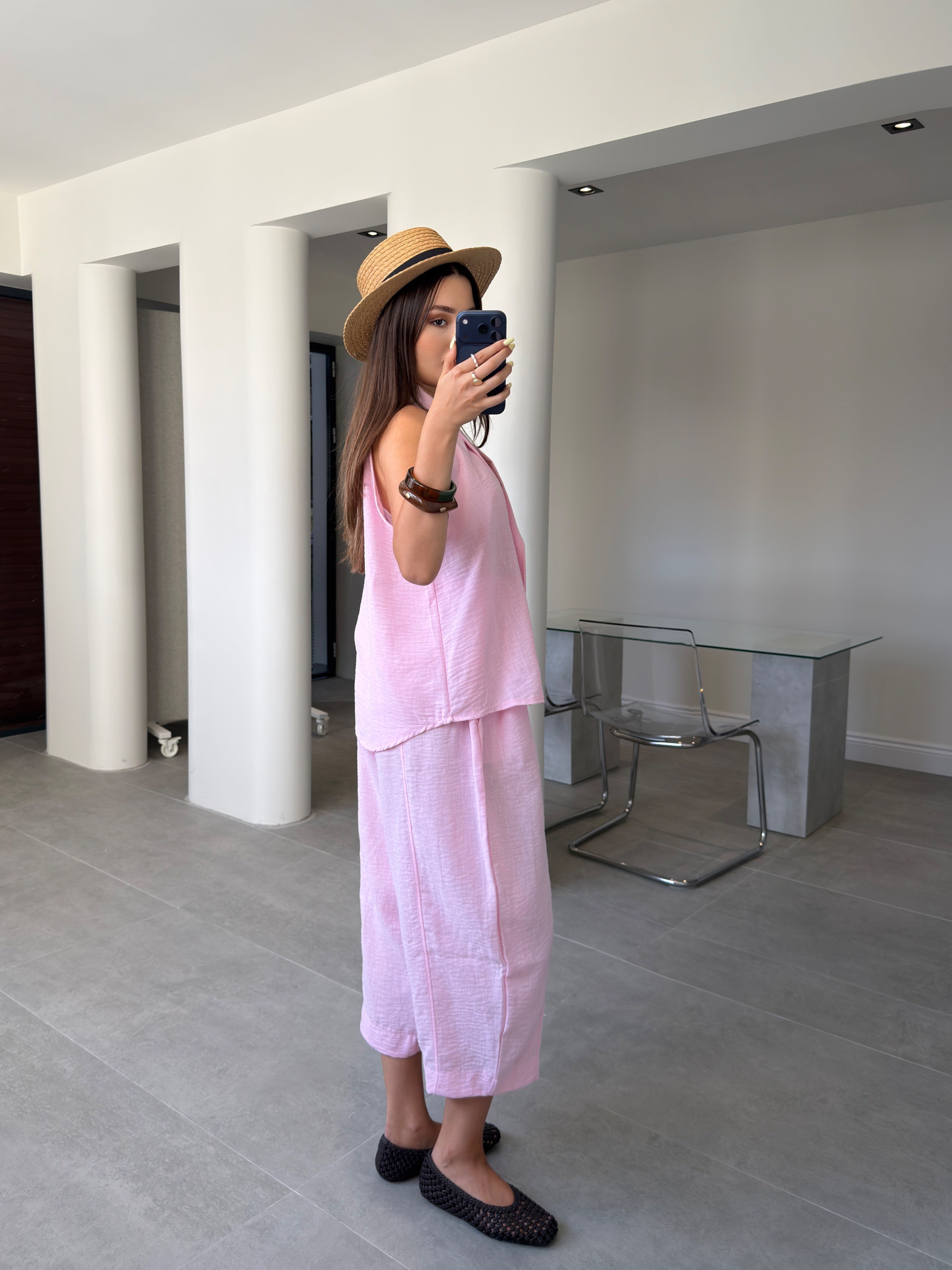 Keten Yelekli Pantolon Premium Takım- PEMBE