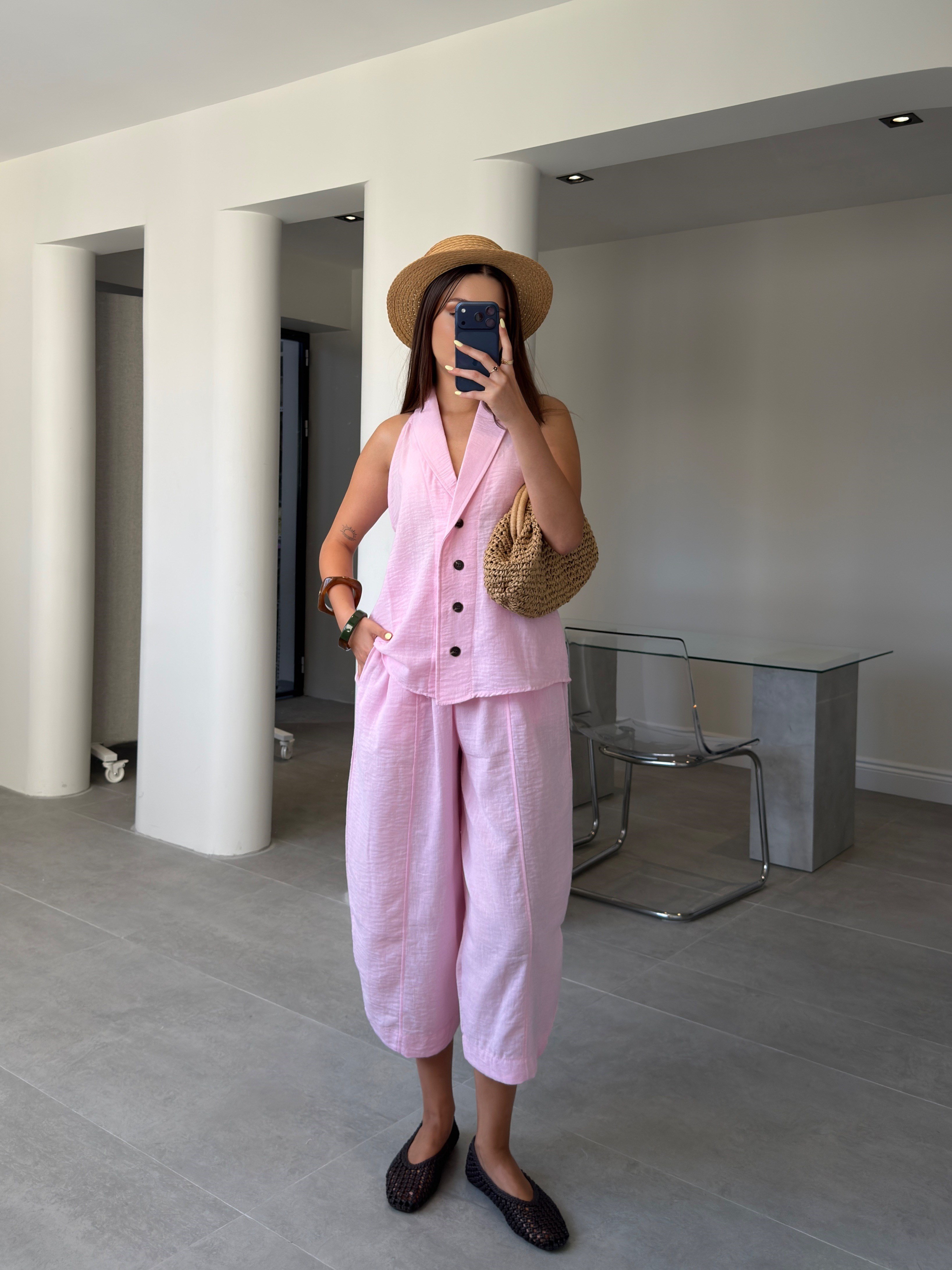 Keten Yelekli Pantolon Premium Takım- PEMBE