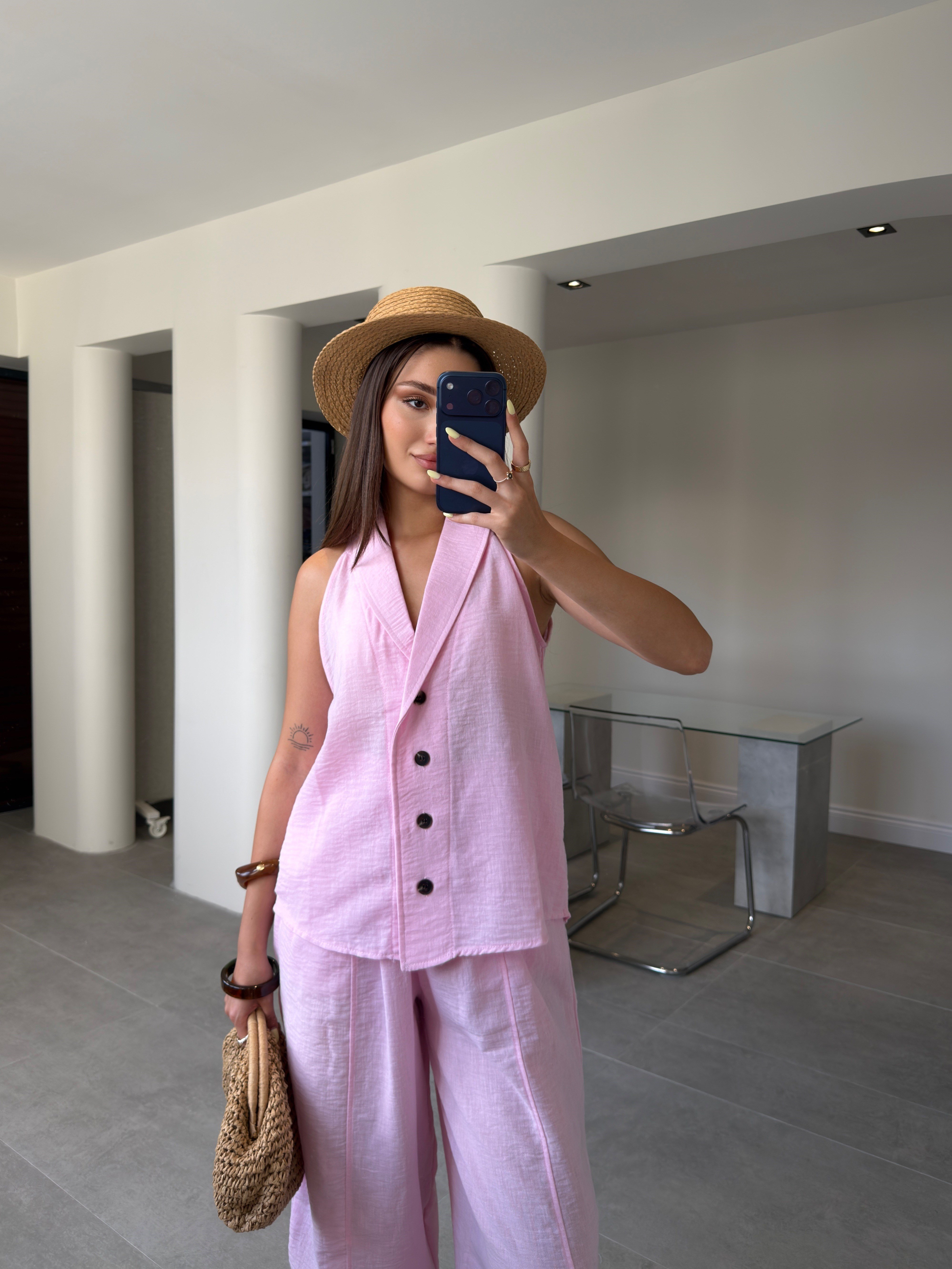 Keten Yelekli Pantolon Premium Takım- PEMBE