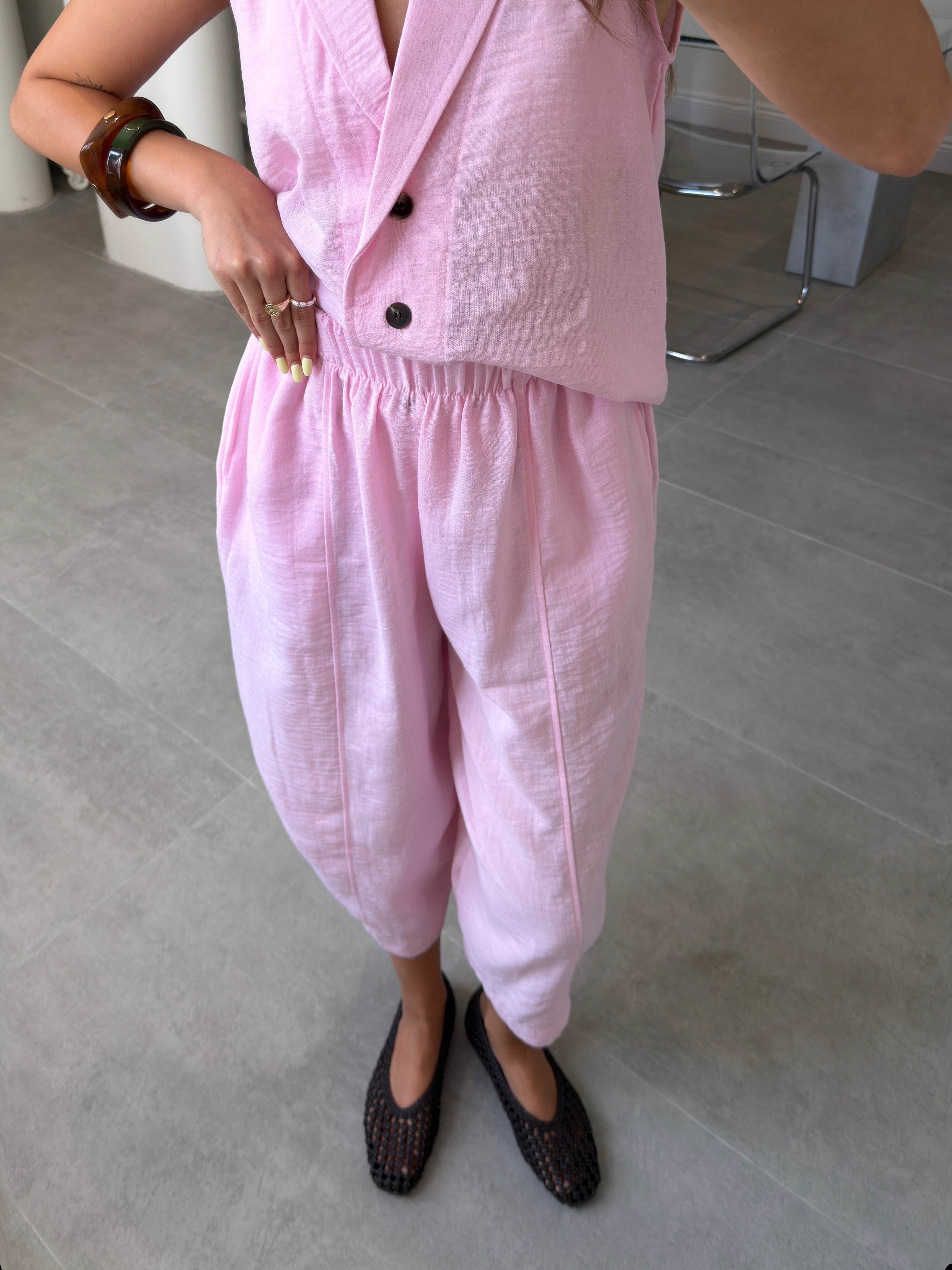 Keten Yelekli Pantolon Premium Takım- PEMBE