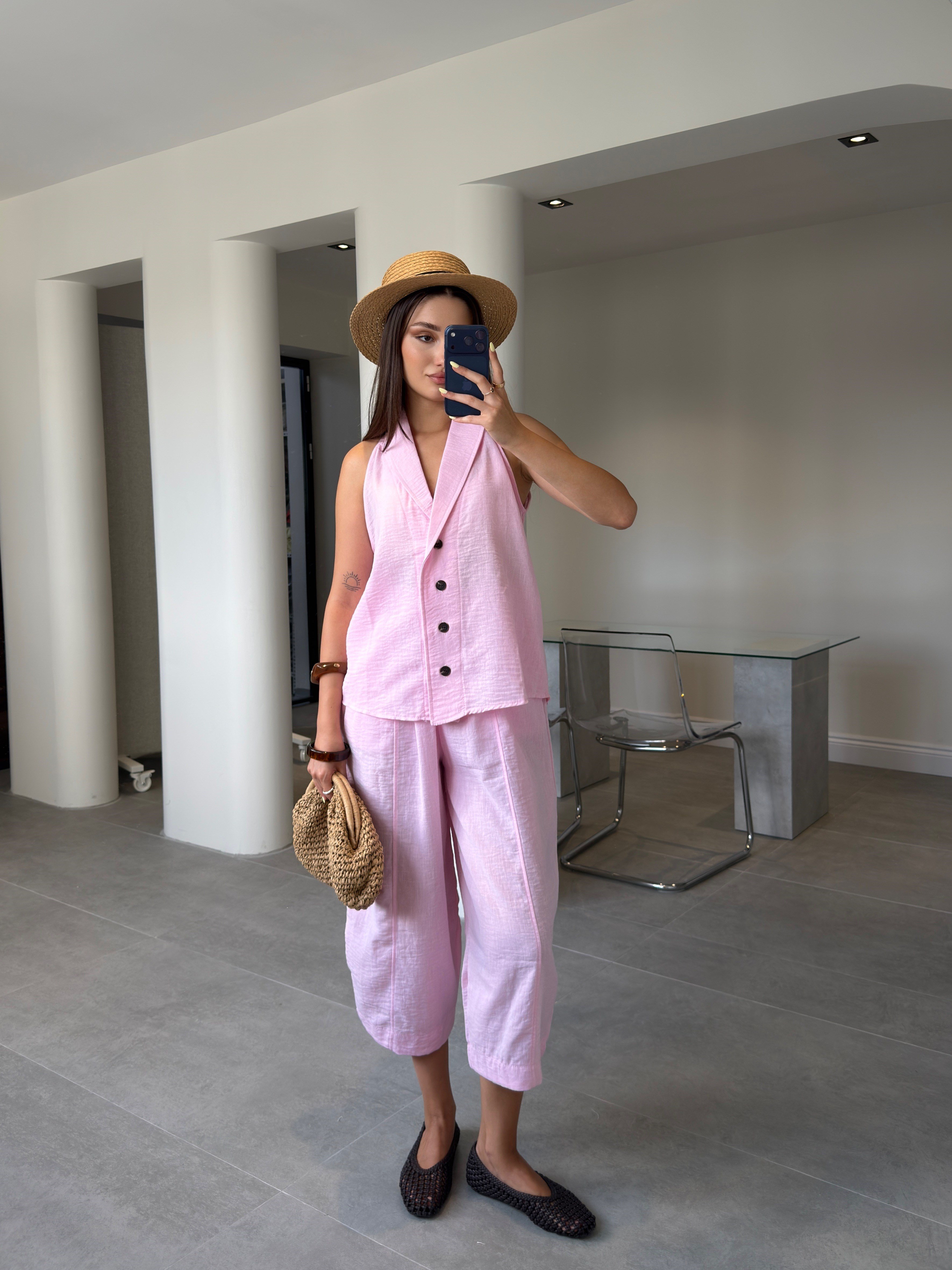 Keten Yelekli Pantolon Premium Takım- PEMBE