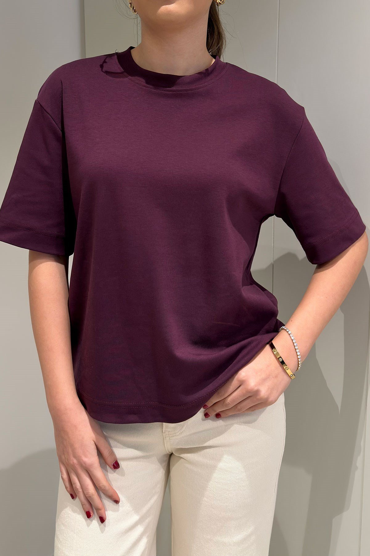 Kısa Kol Basic  T-shirt- BORDO
