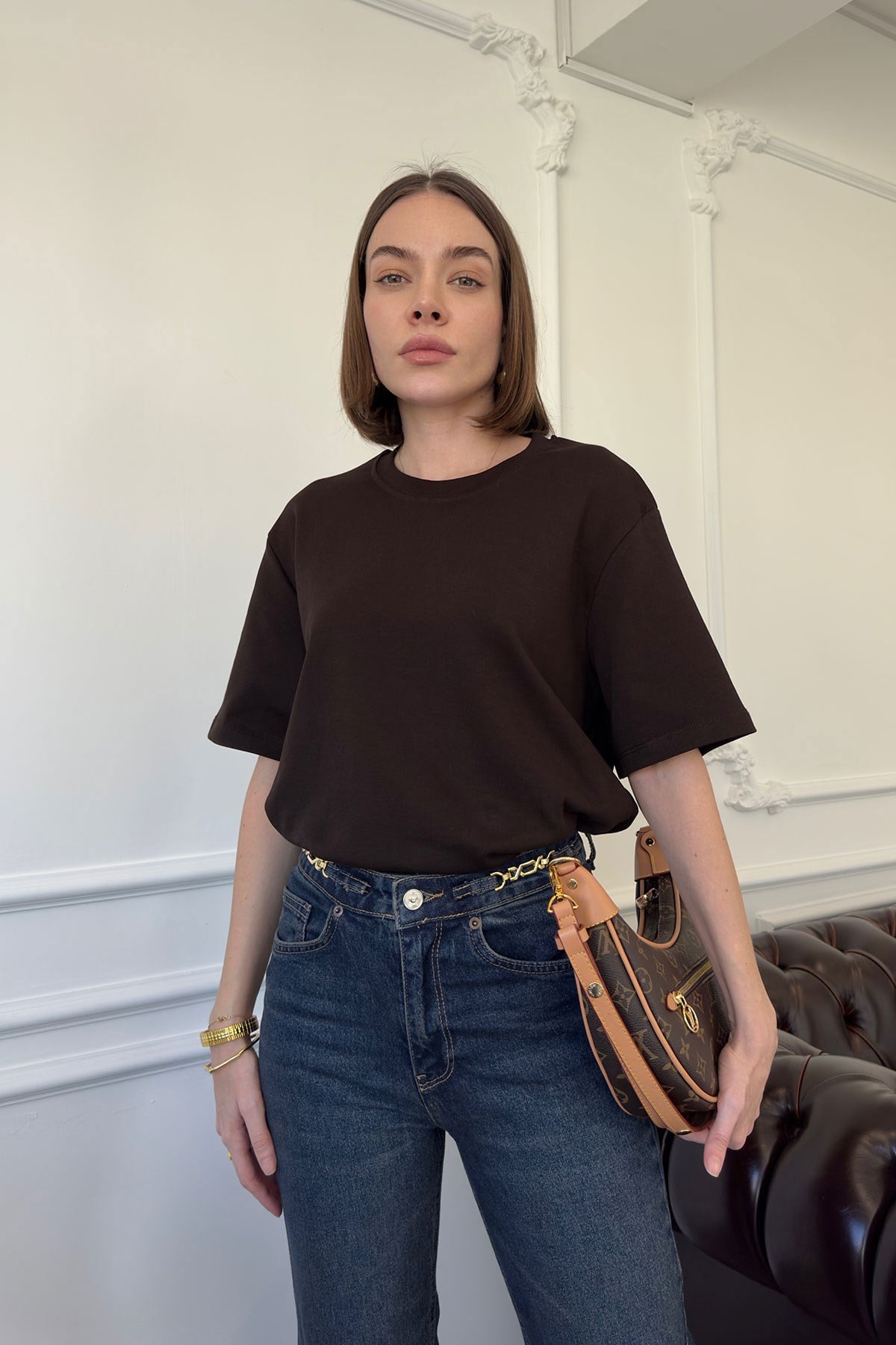 Kısa Kol Basic  T-shirt- KAHVERENGİ
