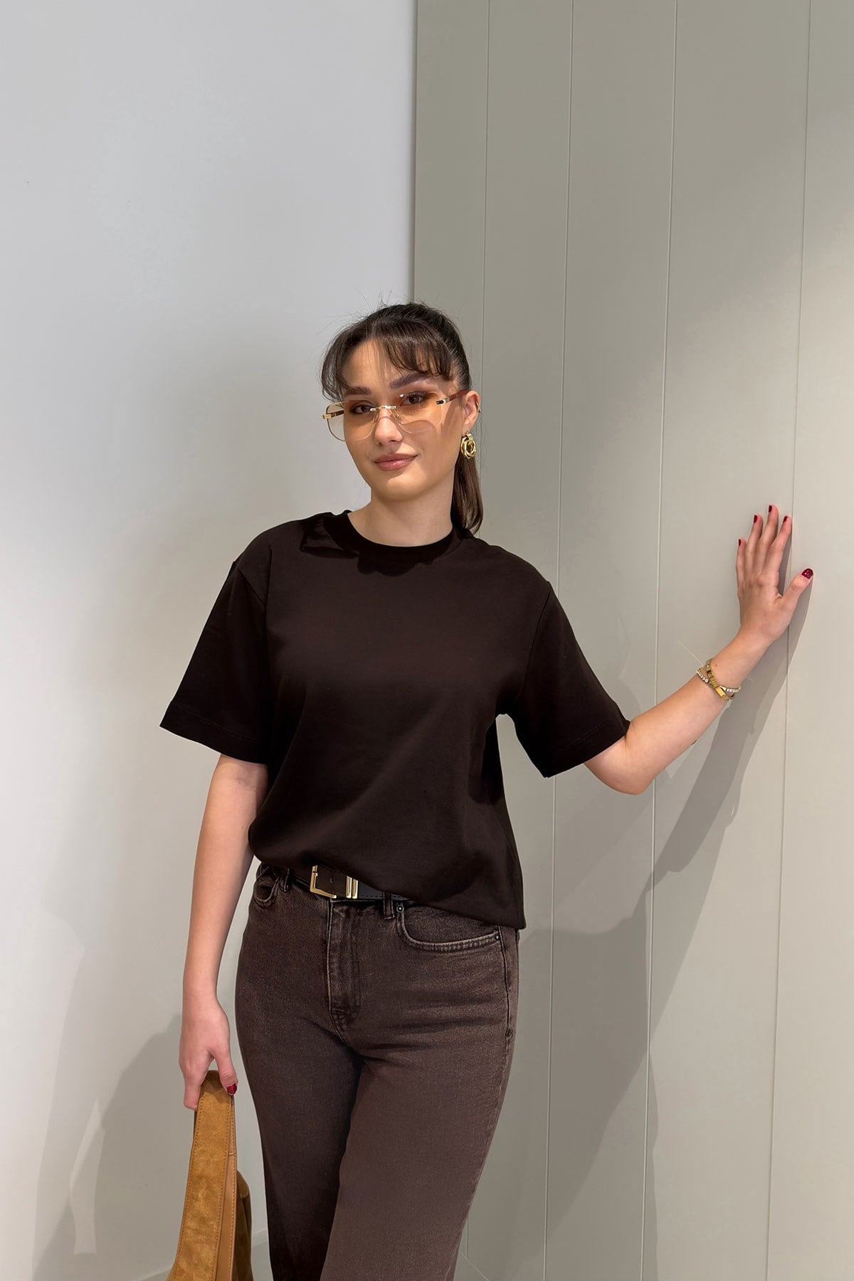 Kısa Kol Basic  T-shirt- KAHVERENGİ