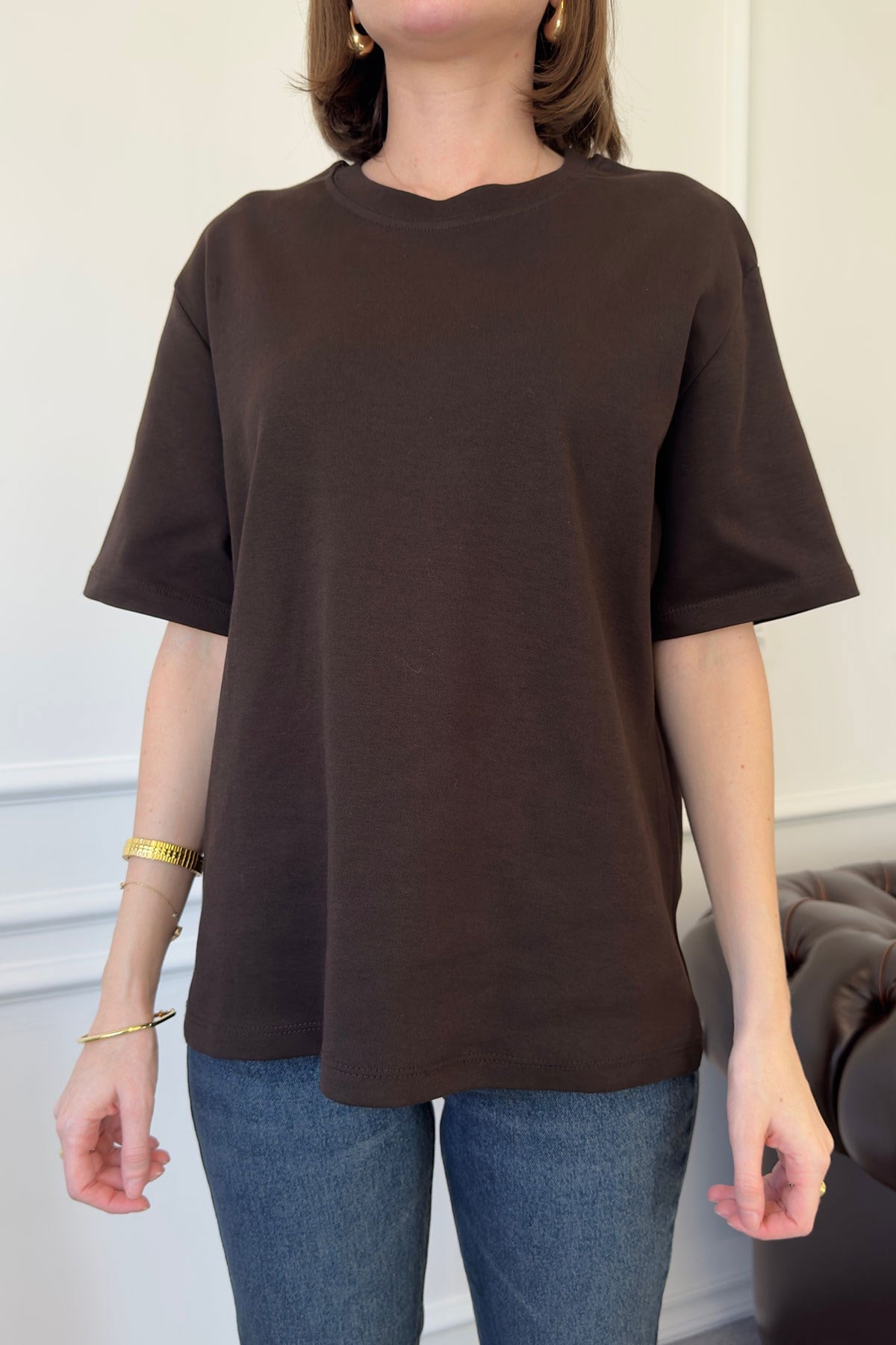 Kısa Kol Basic  T-shirt- KAHVERENGİ