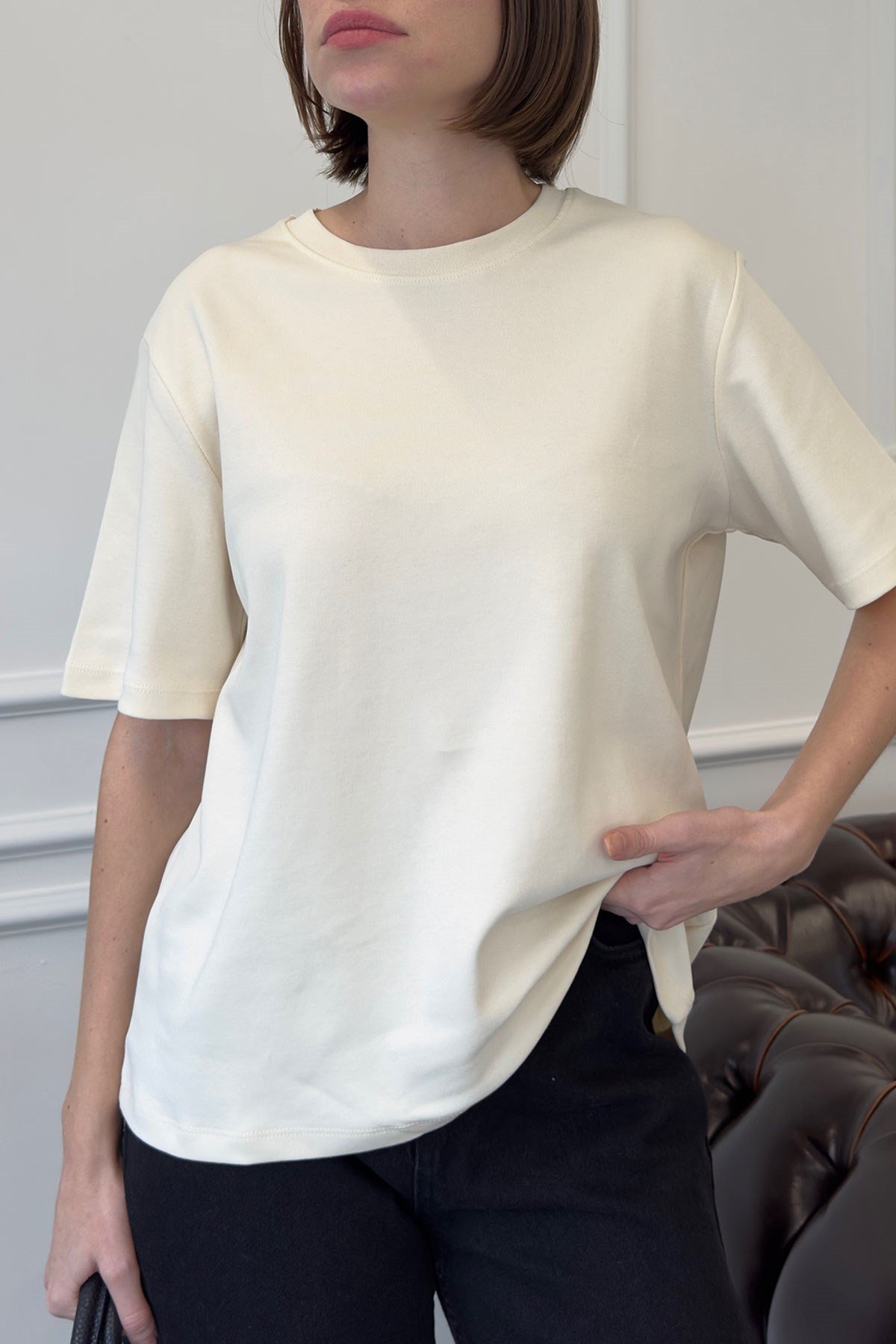 Kısa Kol Basic  T-shirt- KREM