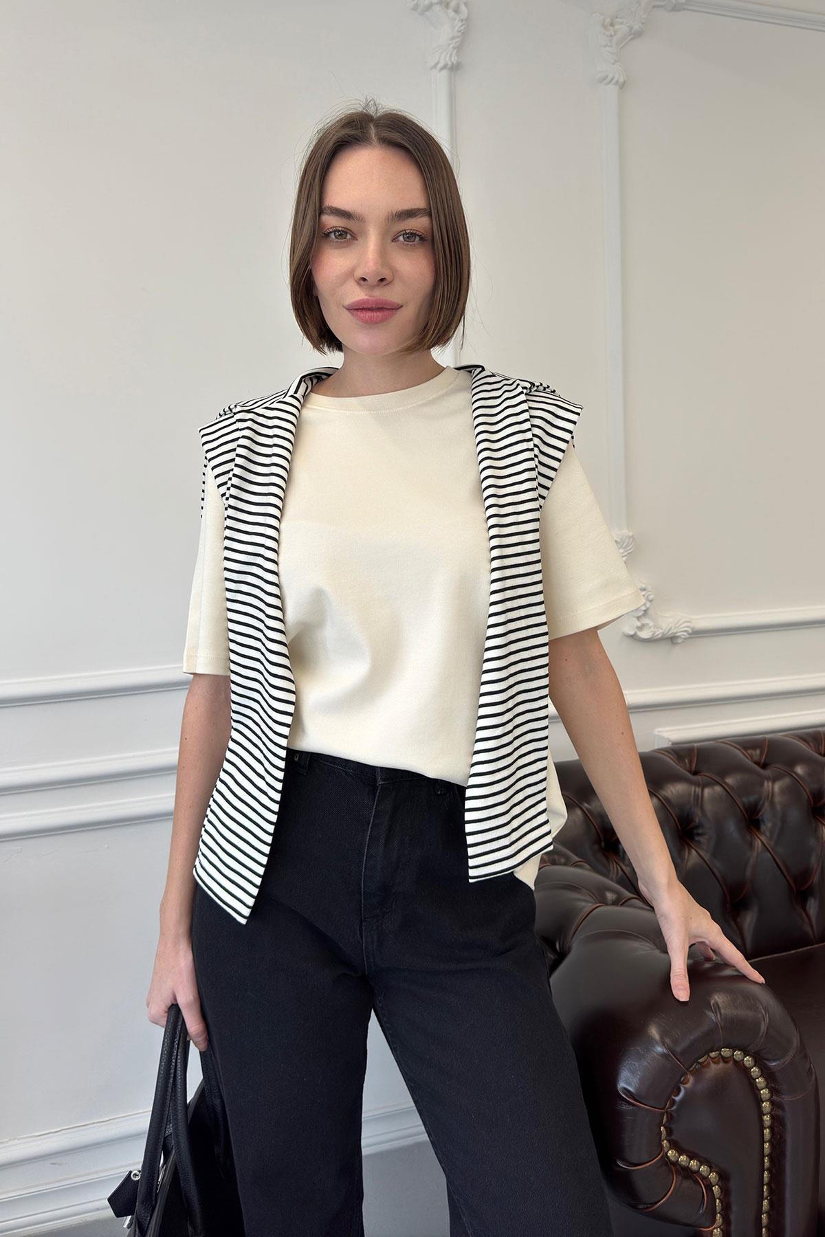 Kısa Kol Basic Tshırt- KREM