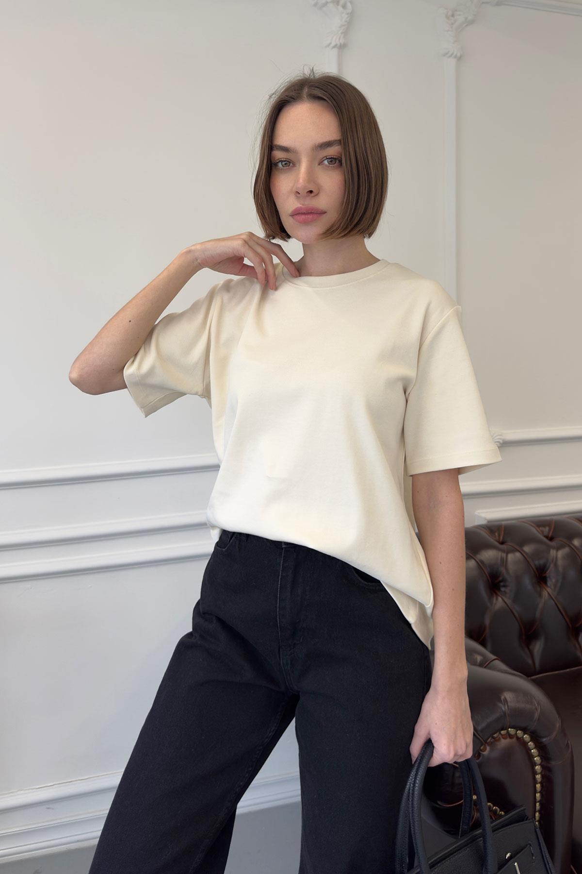 Kısa Kol Basic Tshırt- KREM