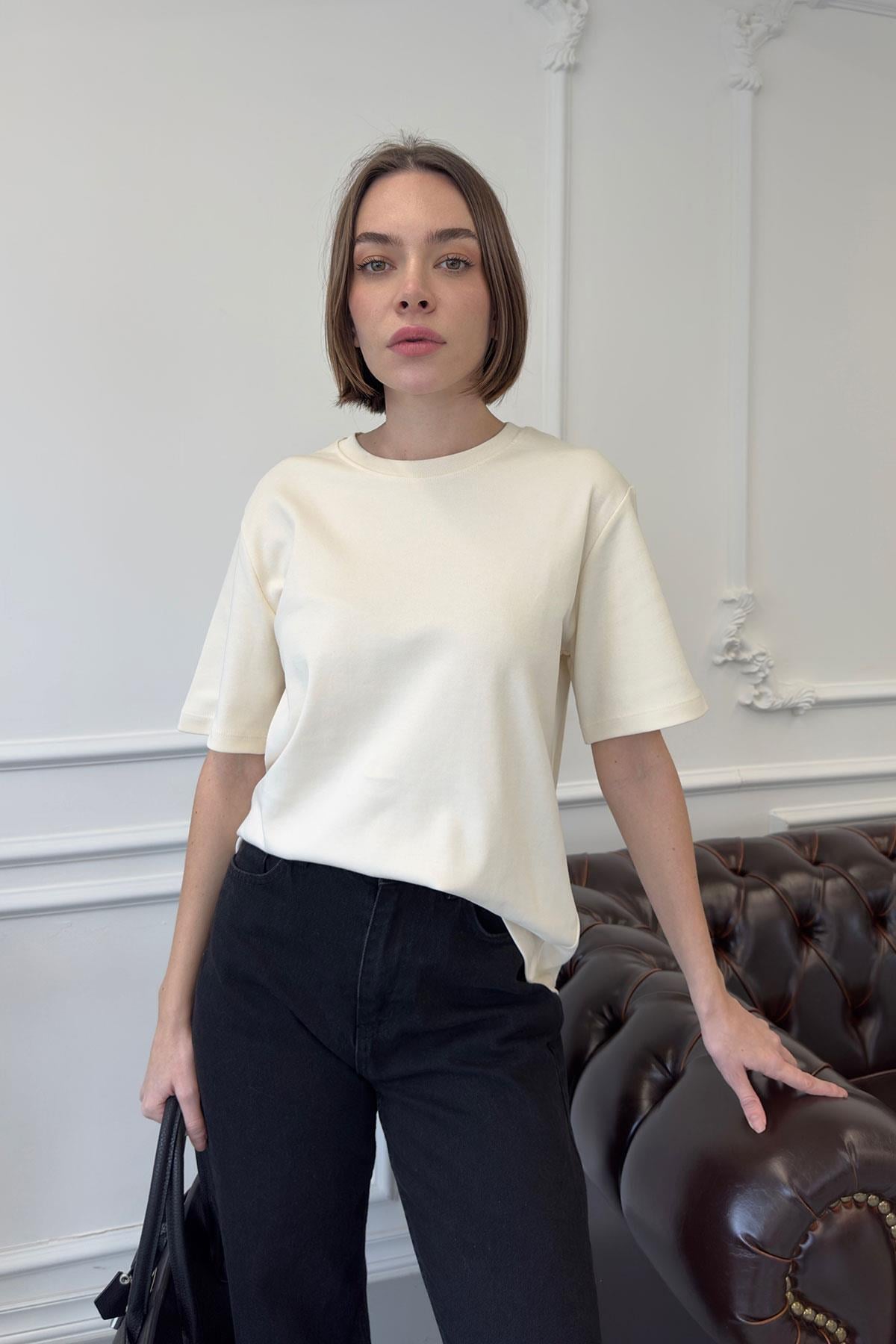 Kısa Kol Basic Tshırt- KREM