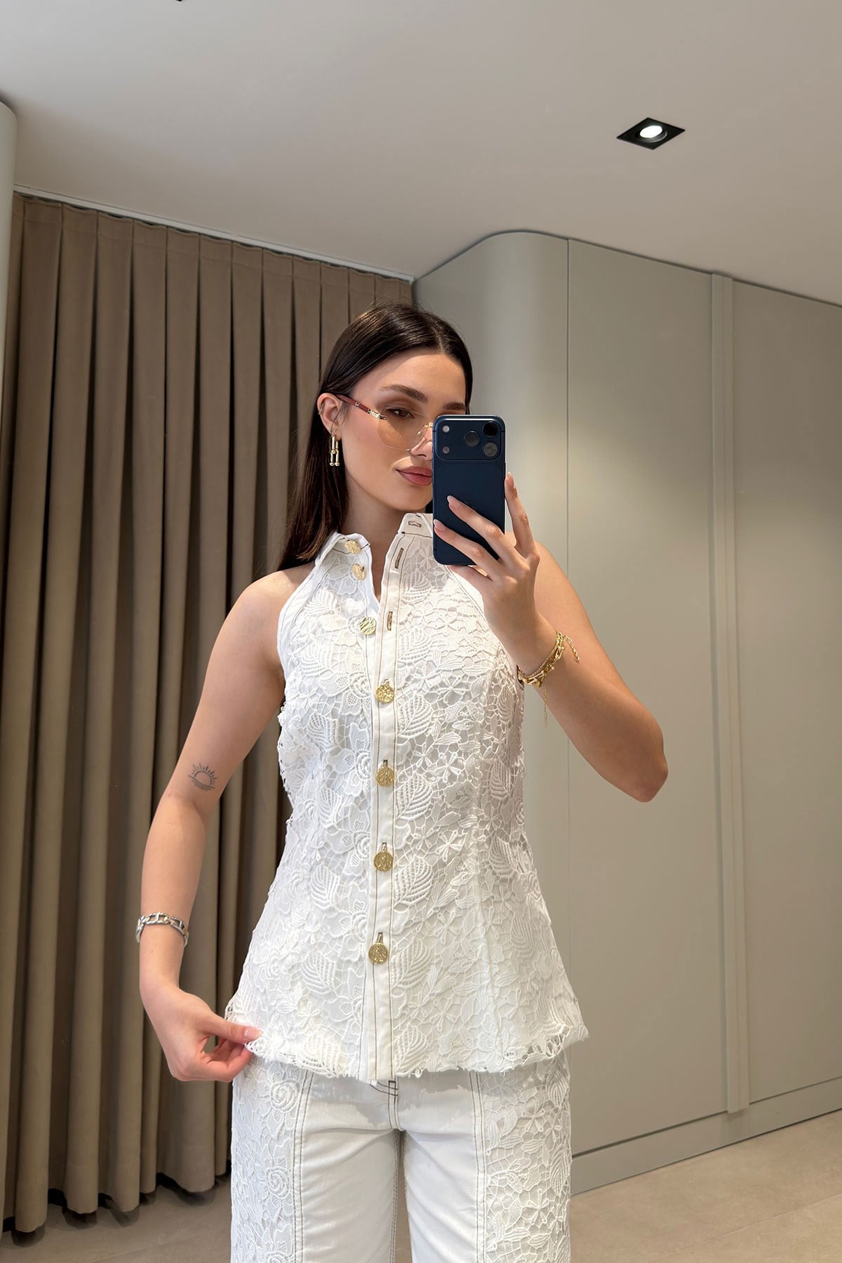 Kolsuz Dantelli Premium Denim Gömlek- BEYAZ