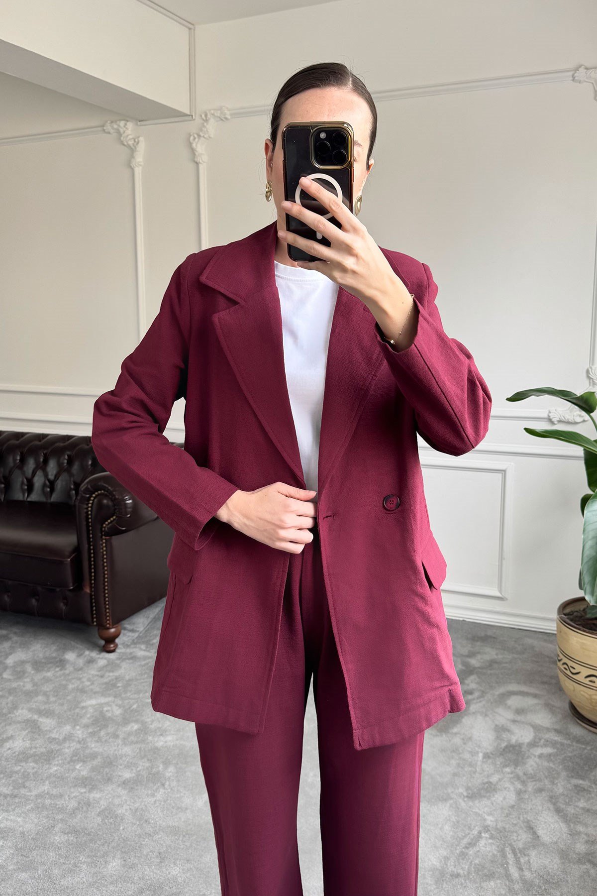 Kruvaze Düğmeli Keten Takım- BORDO