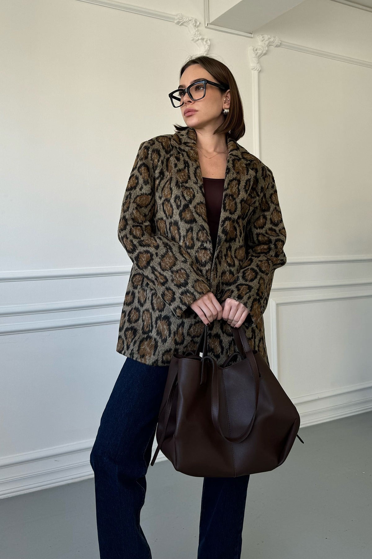 Kruvaze Kaşe Leopar Ceket- SİYAH
