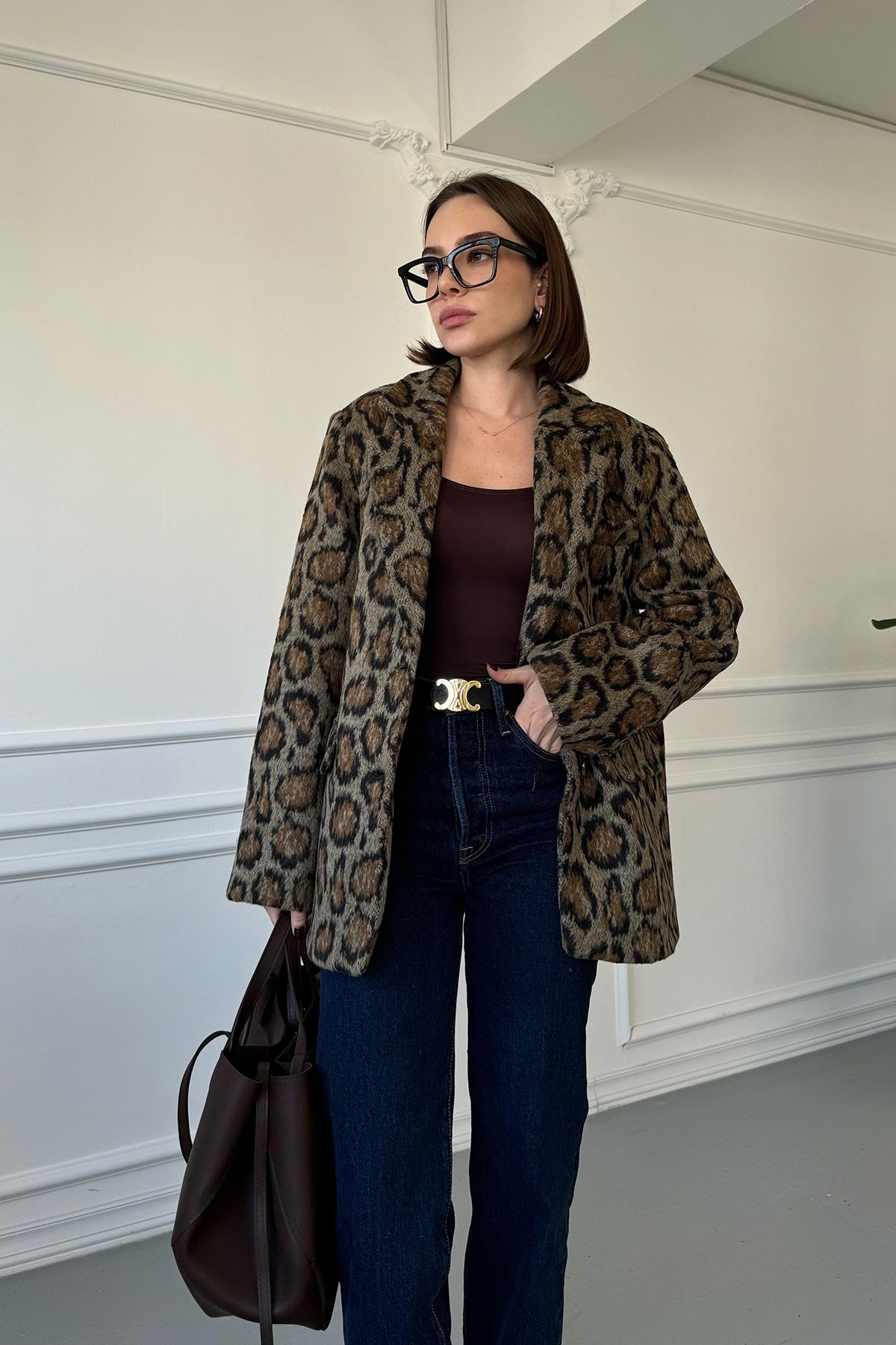 Kruvaze Kaşe Leopar Ceket- SİYAH