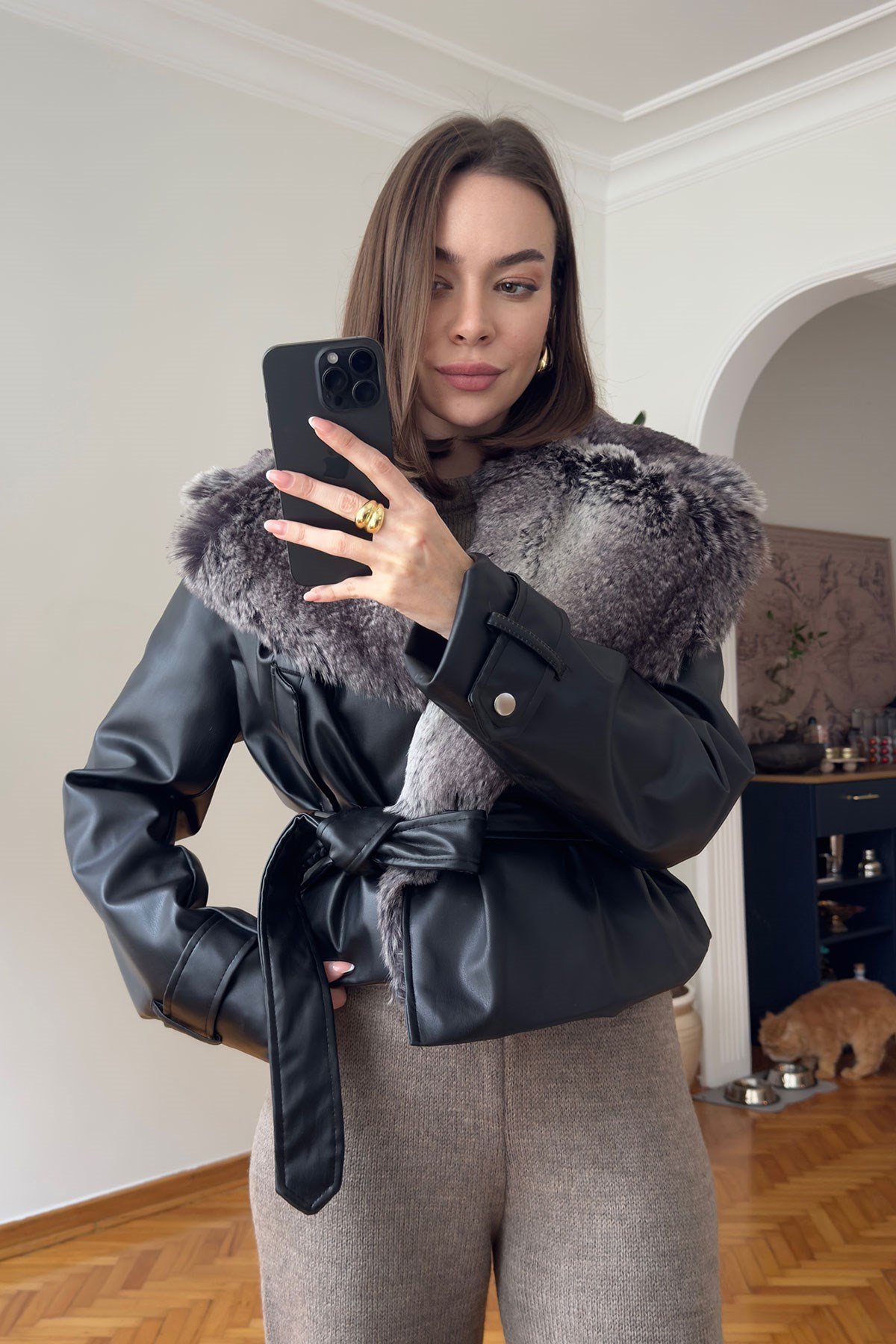 Kürklü Premium Deri Kısa Ceket- SİYAH