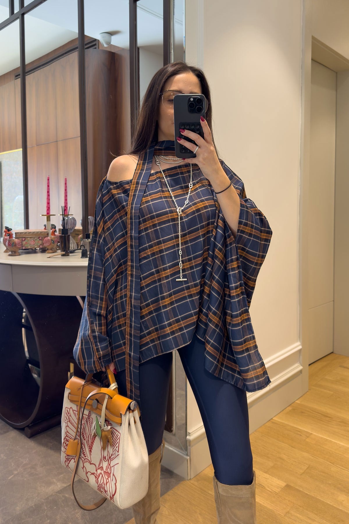 Kuşak Detay Oversize Panço- LACİVERT